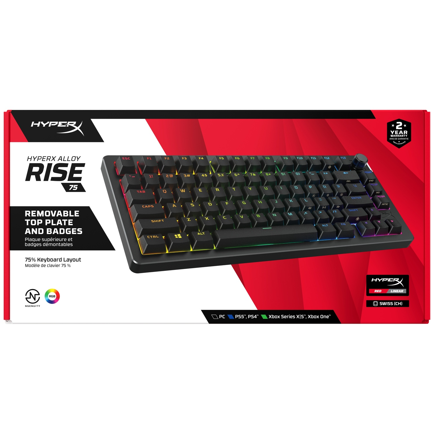 Un clavier noir HyperX Alloy Rise 75 sur une boîte rouge et noire, avec plaque supérieure et badges amovibles.