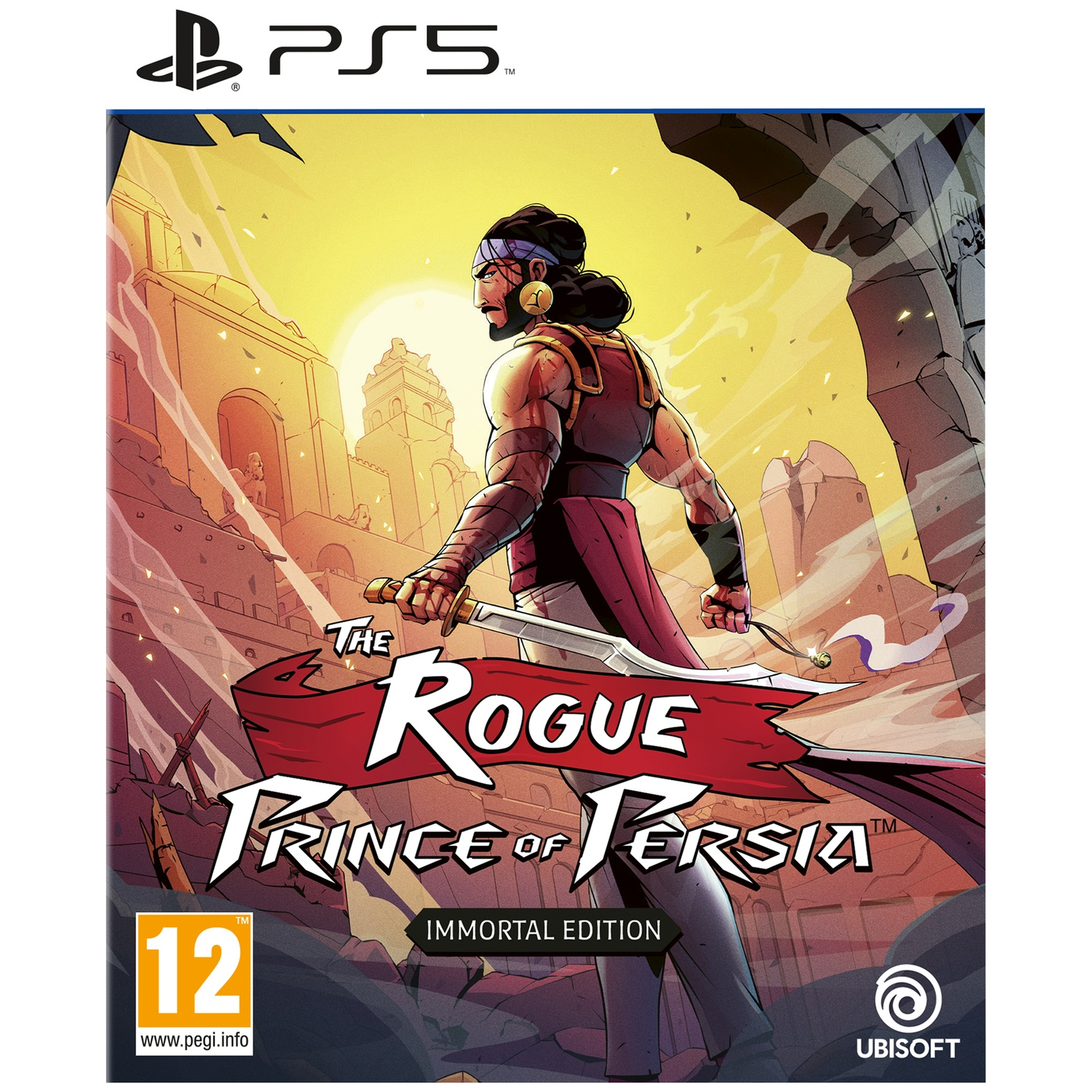 Game cover. Een krijger met een zwaard staat voor een stad. Titel: The Rogue Prince of Persia. PS5-logo. Ubisoft-logo.