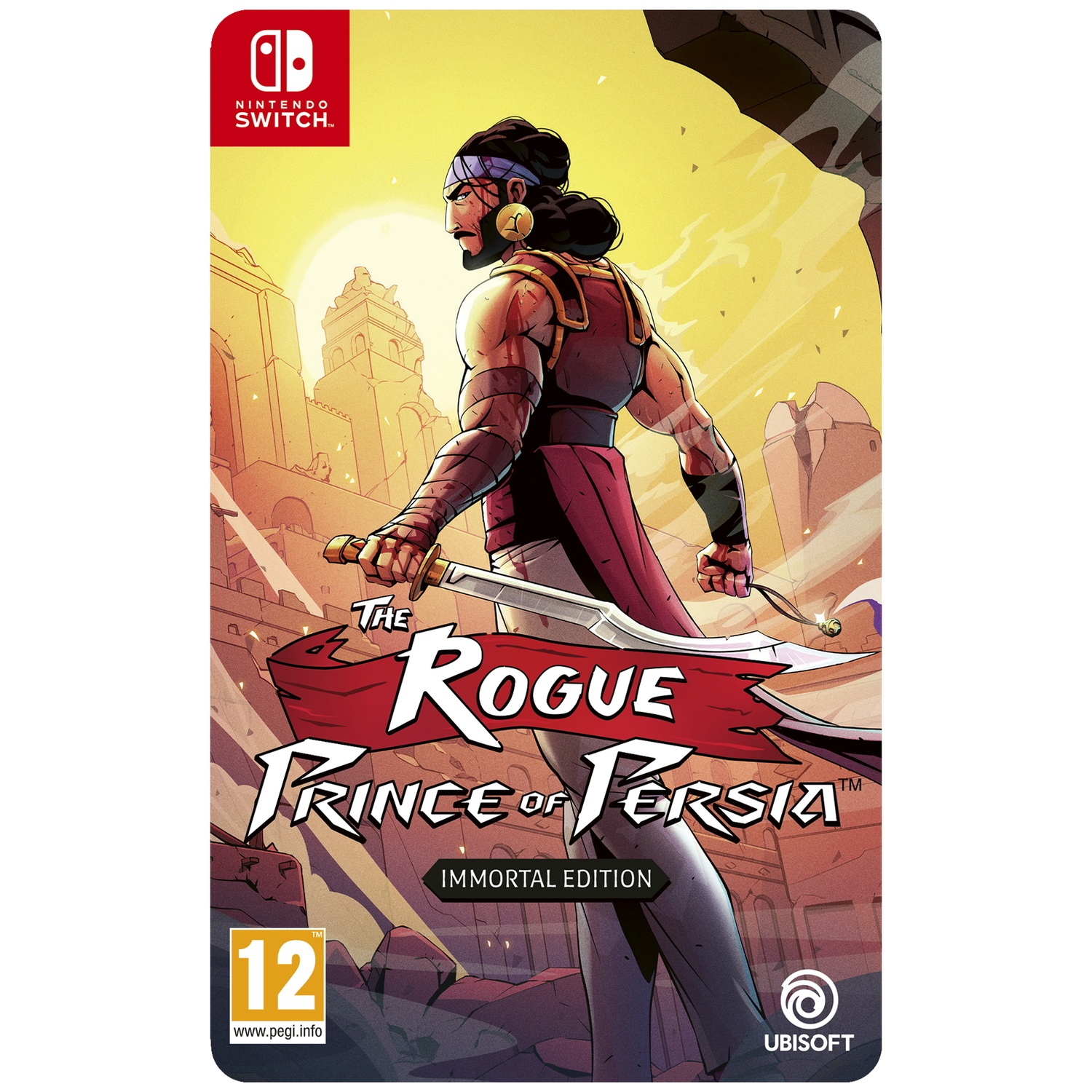 Gamecover. Een krijger met een zwaard staat voor een stad. De titel van het spel is 'The Rogue Prince of Persia'.