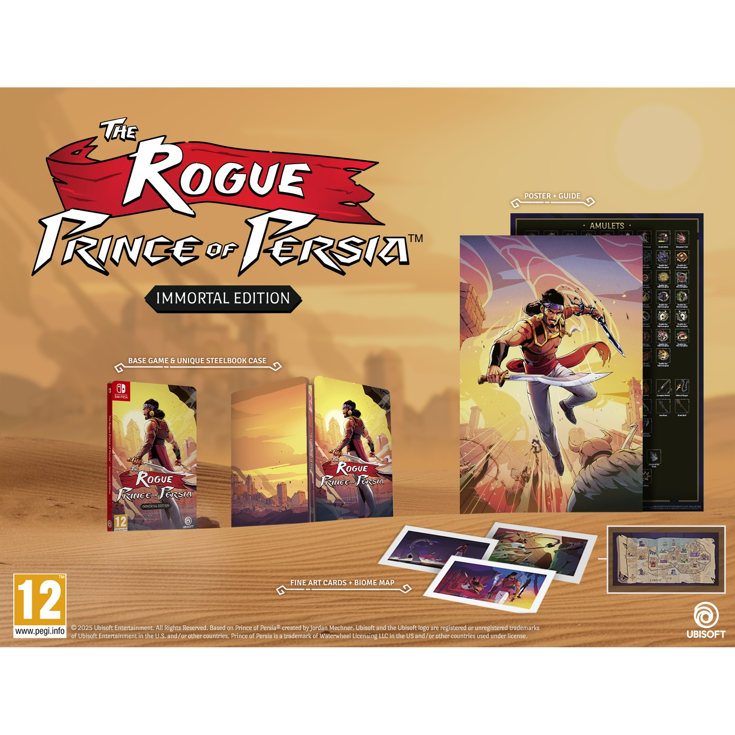 The Rogue Prince of Persia gamebox. Bevat game, steelbook case, poster, art cards en een kaart. Ubisoft logo is zichtbaar.