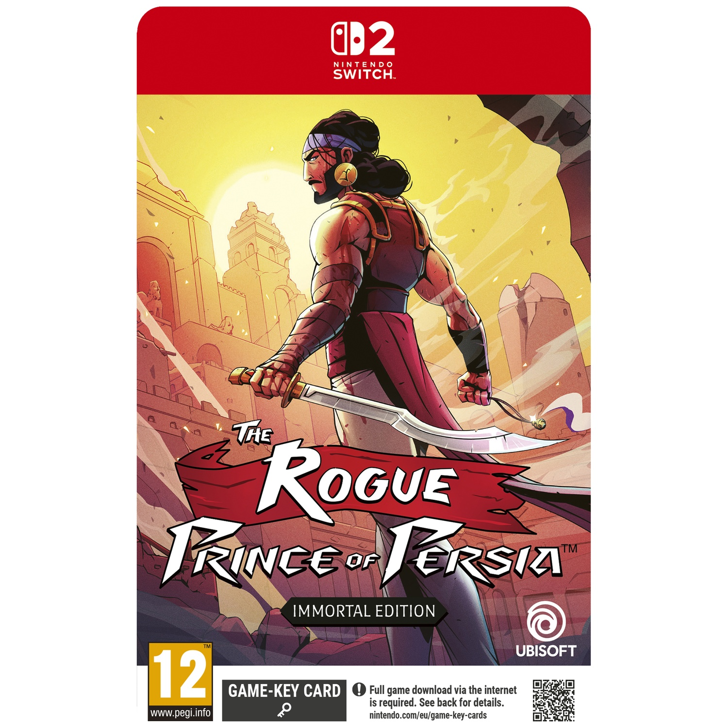 Gamecover. Man met zwaard, titel 'The Rogue Prince of Persia'. Achtergrond: oude stad met zon. Nintendo Switch logo.