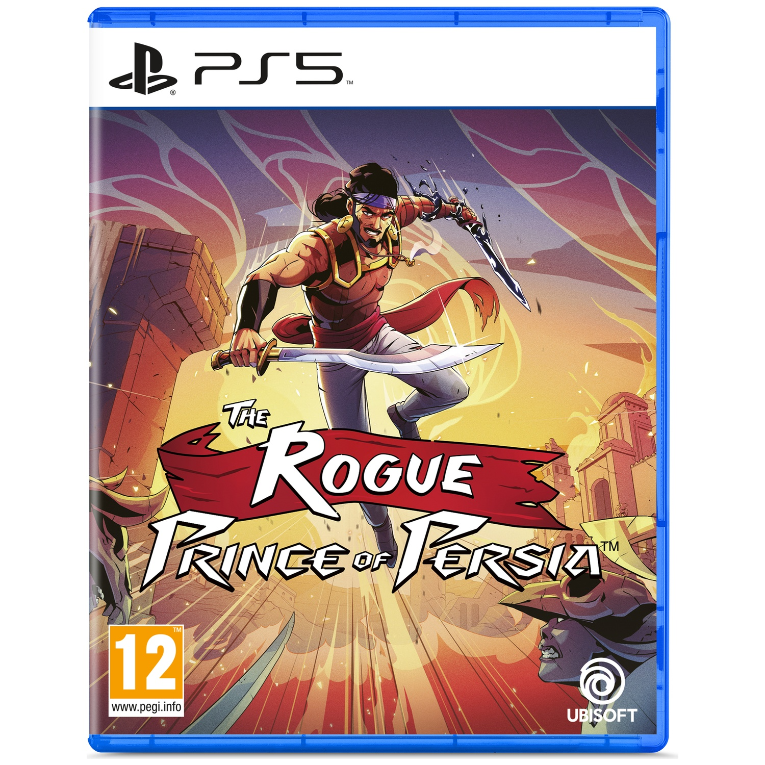 PS5 game cover: Man met zwaarden, titel 'The Rogue Prince of Persia'. Achtergrond van gebouwen. Leeftijdsclassificatie 12. Ubisoft logo.