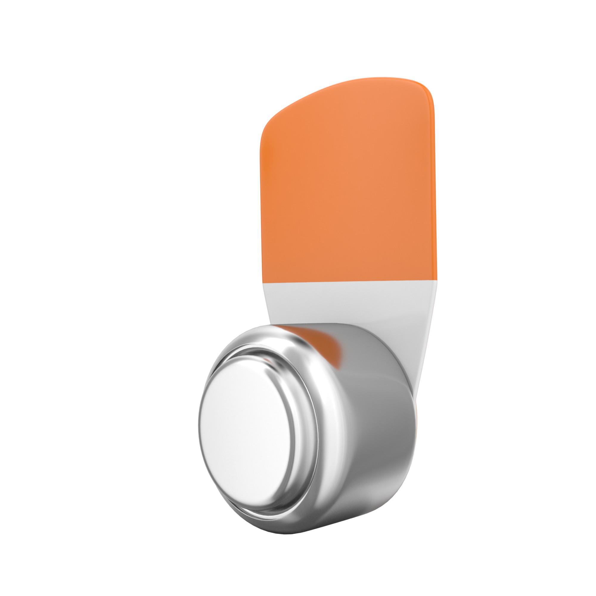 Ein orange-weißes Objekt mit silbernem Sockel, wahrscheinlich ein Sensor oder Knopf, vor weißem Hintergrund.
