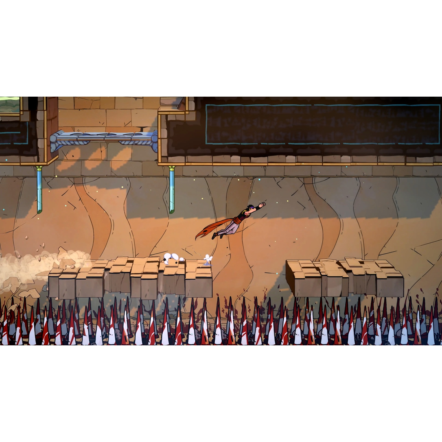 A character in flight over a spiked pit. Brown and beige tones dominate, with a dark figure and red cape. Blocks and platforms are present.