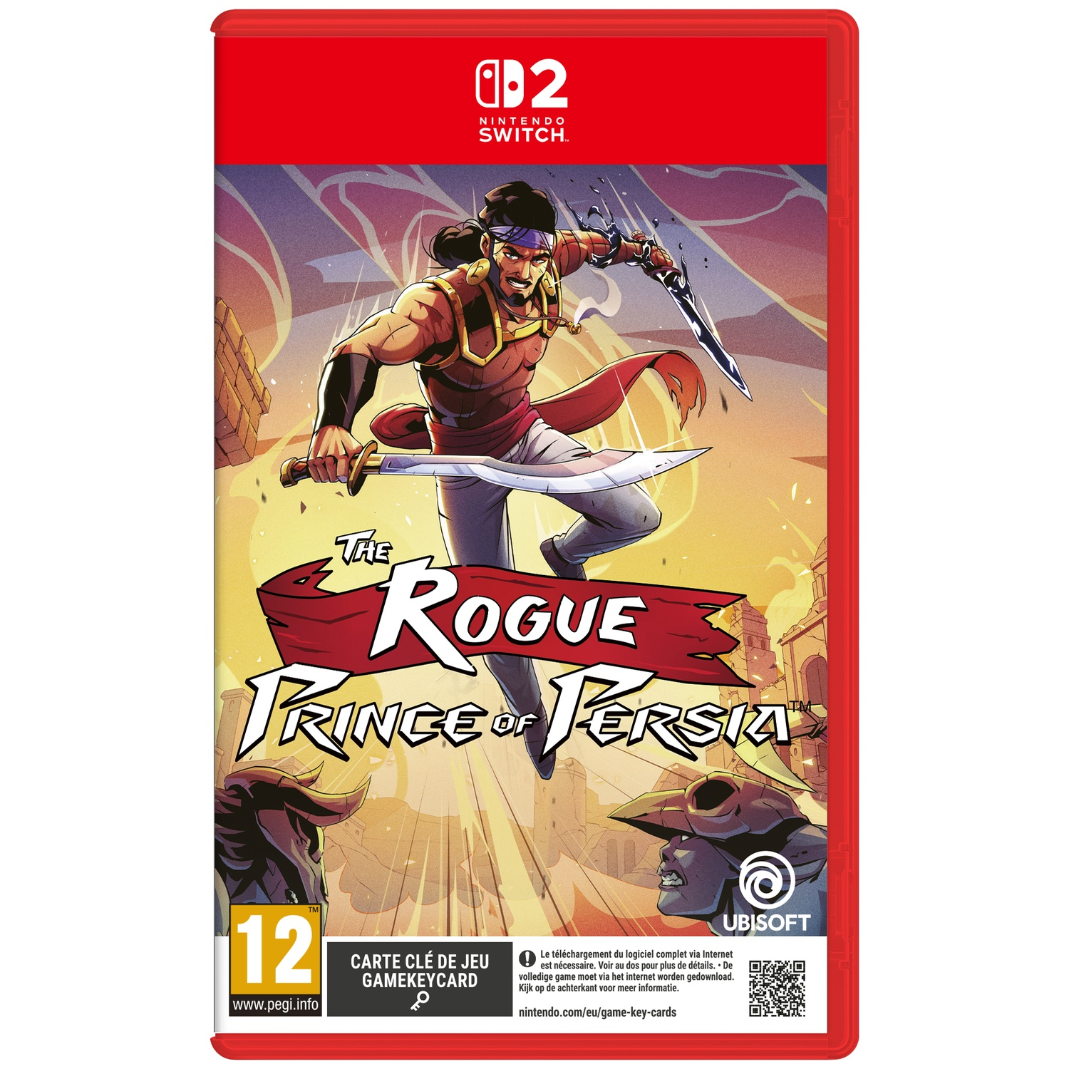Gamebox art voor "The Rogue Prince of Persia". Een man met zwaarden is het hoofdonderwerp. De doos is rood met een Nintendo Switch-logo.