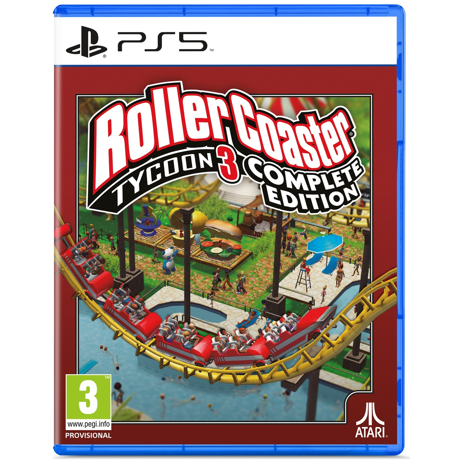RollerCoaster Tycoon 3 Complete Edition game cover. A rollercoaster with red cars on a yellow track. The PS5 logo is at the top.