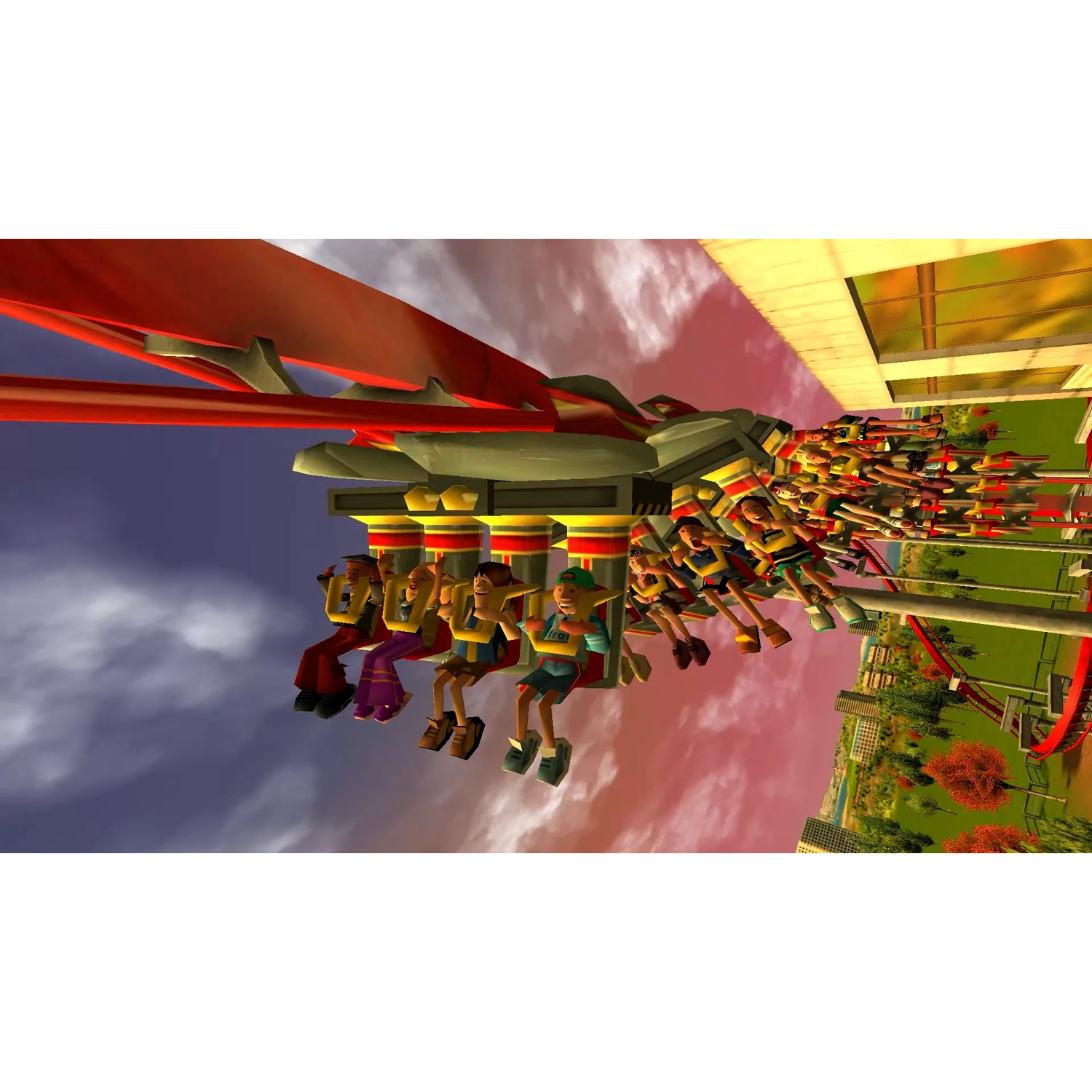 A roller coaster with passengers in seats. The sky is pink and blue. Buildings and trees are visible in the background.