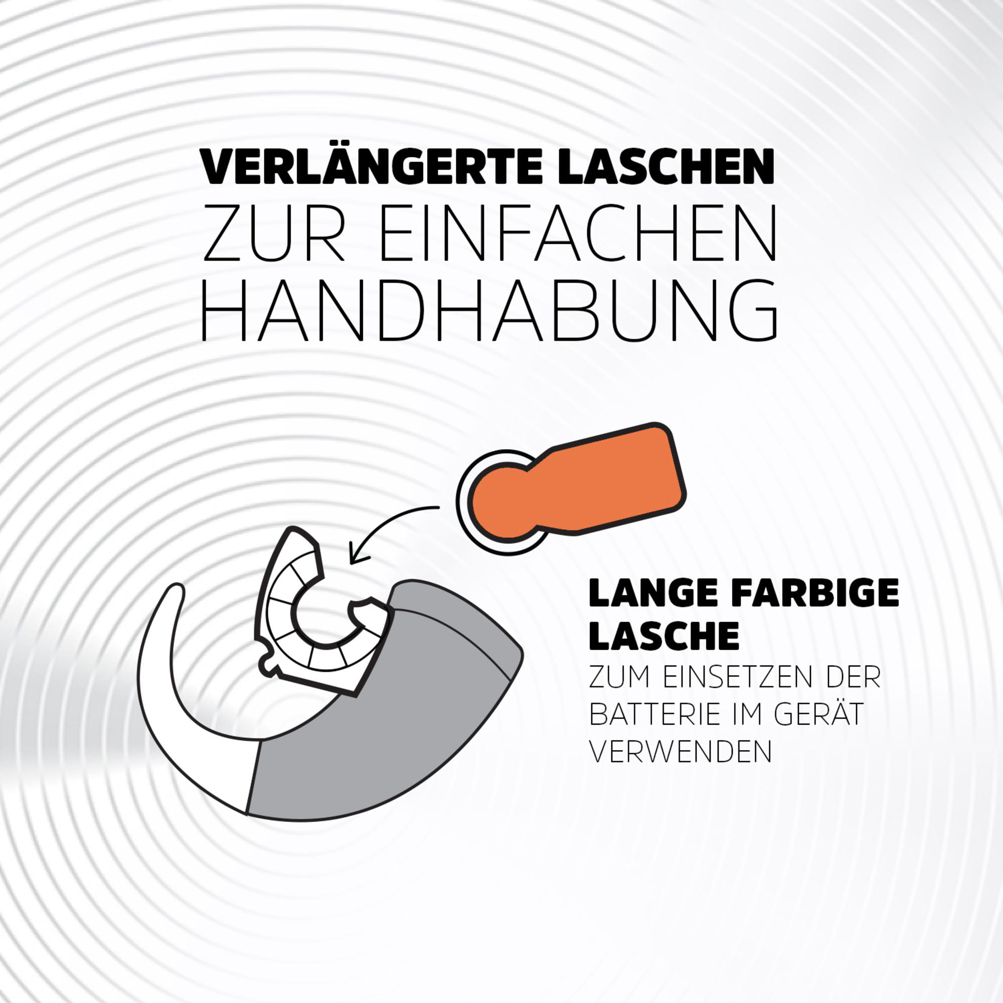 Diagramm zum Einsetzen der Batterie. Oranger Tab, Geräteteil und Text zur Erklärung des Vorgangs.