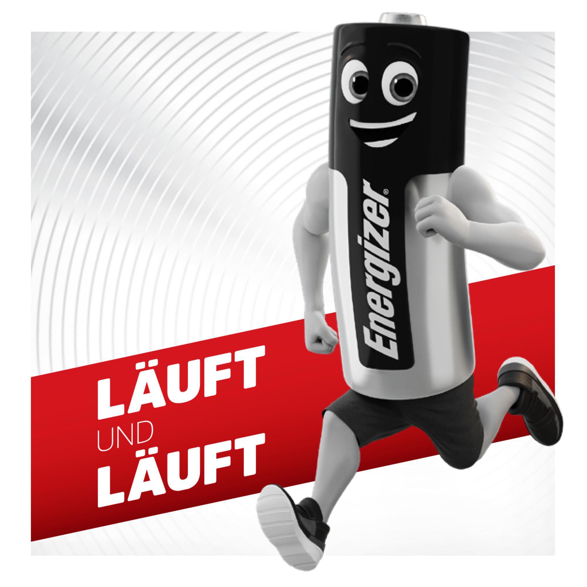 Ein Energizer-Batterie-Charakter rennt mit einem Lächeln. Rotes Banner mit Text auf Deutsch. Hintergrund ist weiß mit grauen Linien.