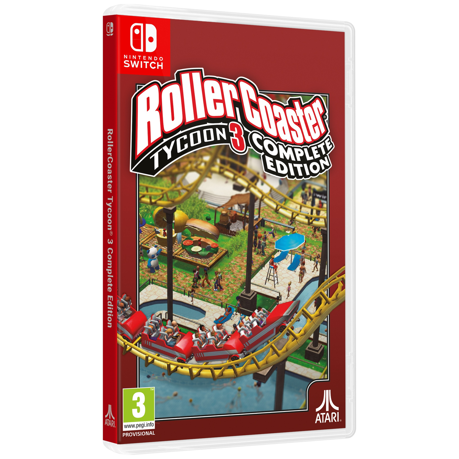 Nintendo Switch game case voor RollerCoaster Tycoon 3 Complete Edition. Toont een achtbaan en parkscène. Rode en gele kleuren domineren.
