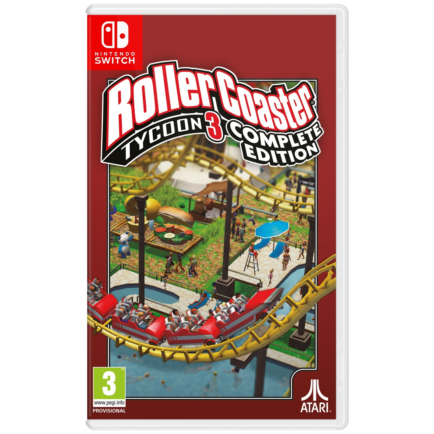 Nintendo Switch game cover. Achtbaan in actie, mensen in het park. Titel: Roller Coaster Tycoon 3 Complete Edition.