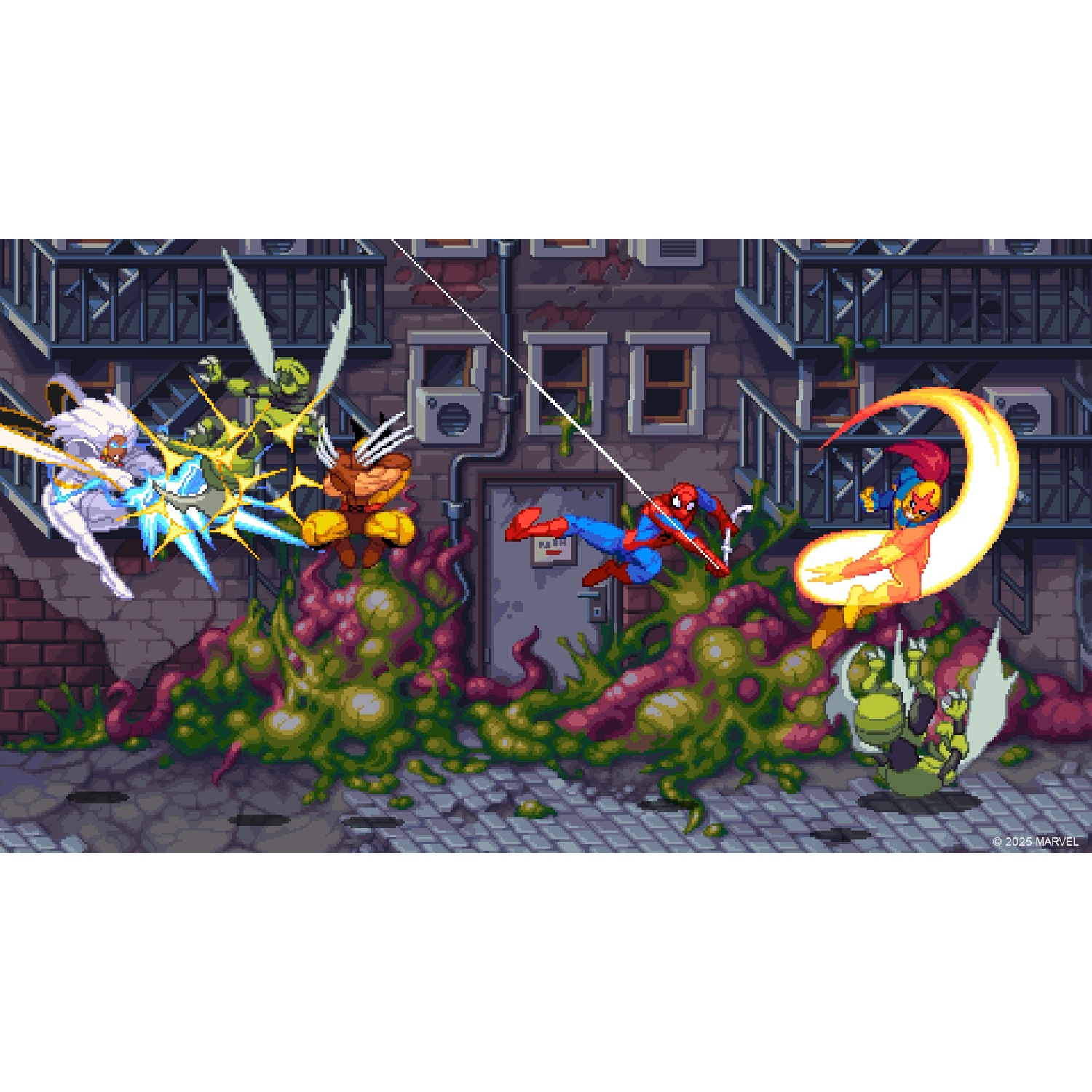 Gepixeld Marvel-personages vechten: Storm, Wolverine, Spider-Man en anderen. Achtergrond is een steegje met een groene, blob-achtige substantie.