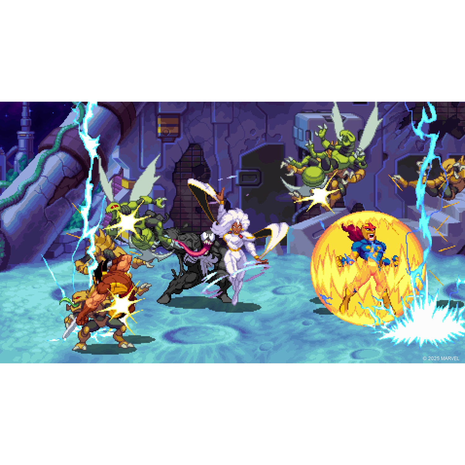 Gepixelde gevechtsscène. Personages Storm, Venom en anderen vechten. Bliksem effecten en energie-explosies zijn zichtbaar in een futuristische omgeving.
