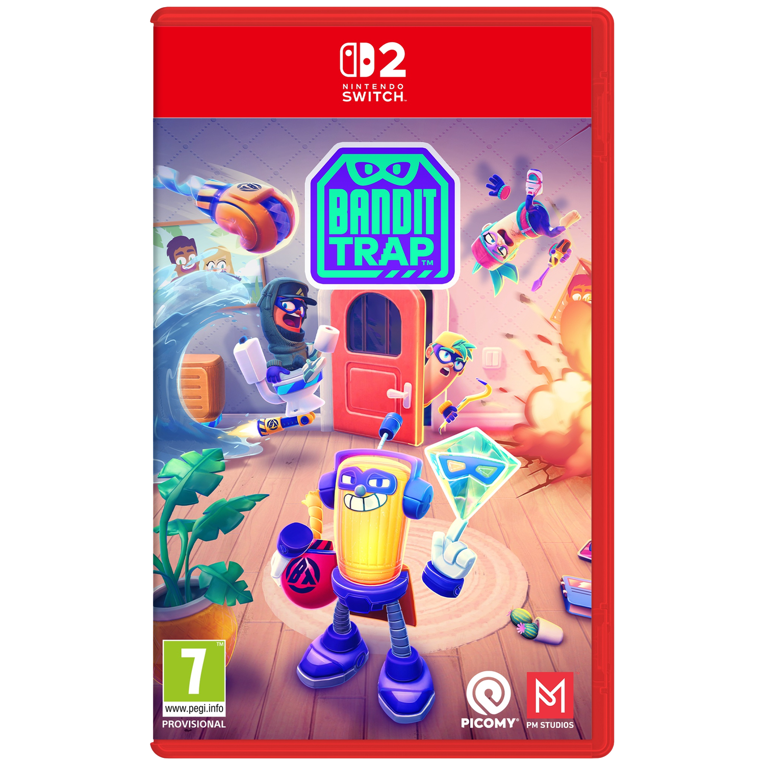 Gamebox art voor Bandit Trap. Toont stripfiguren, robot, explosies en het Nintendo Switch logo.
