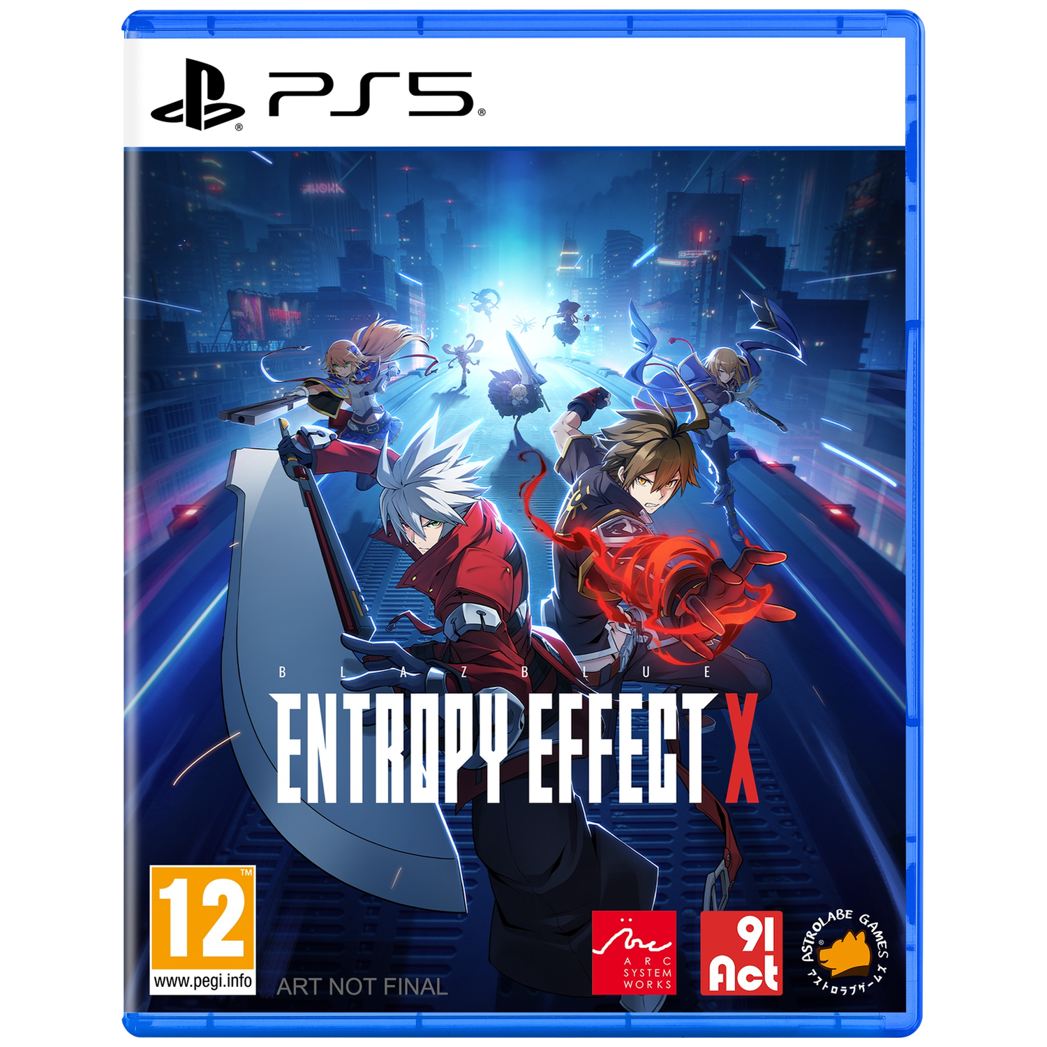 PS5 gamecover. Personages in actie voor een futuristische stad. Titel: 'Entropy Effect X'.