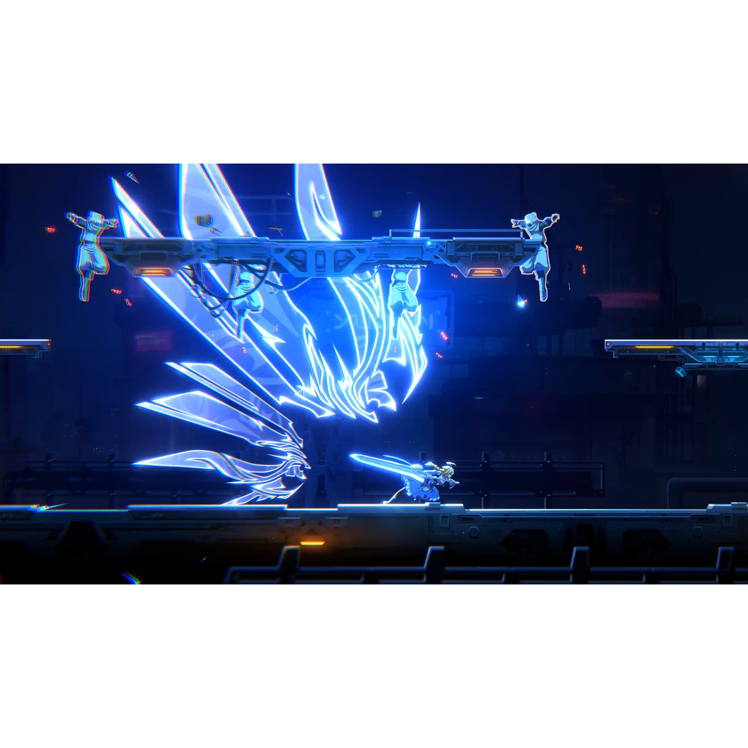 Een futuristische game-scène. Een personage met een zwaard op een platform, met een blauwe energieconstructie op de achtergrond.