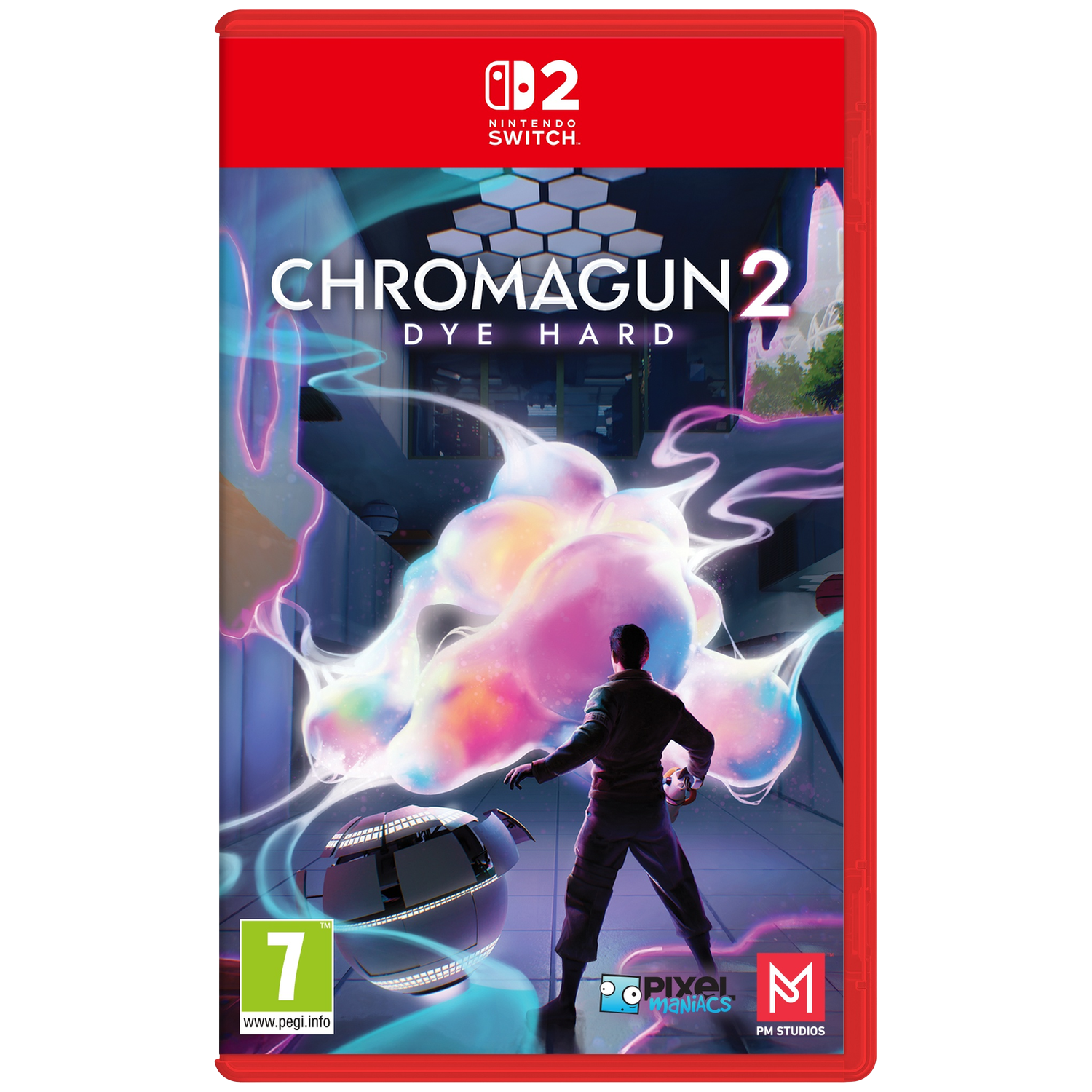 Nintendo Switch-gamebox. Titel is Chromagun 2, met een personage en kleurrijke vormen. Beoordeling 7. Rode behuizing. Gameloog en ontwikkelaarslogo's.