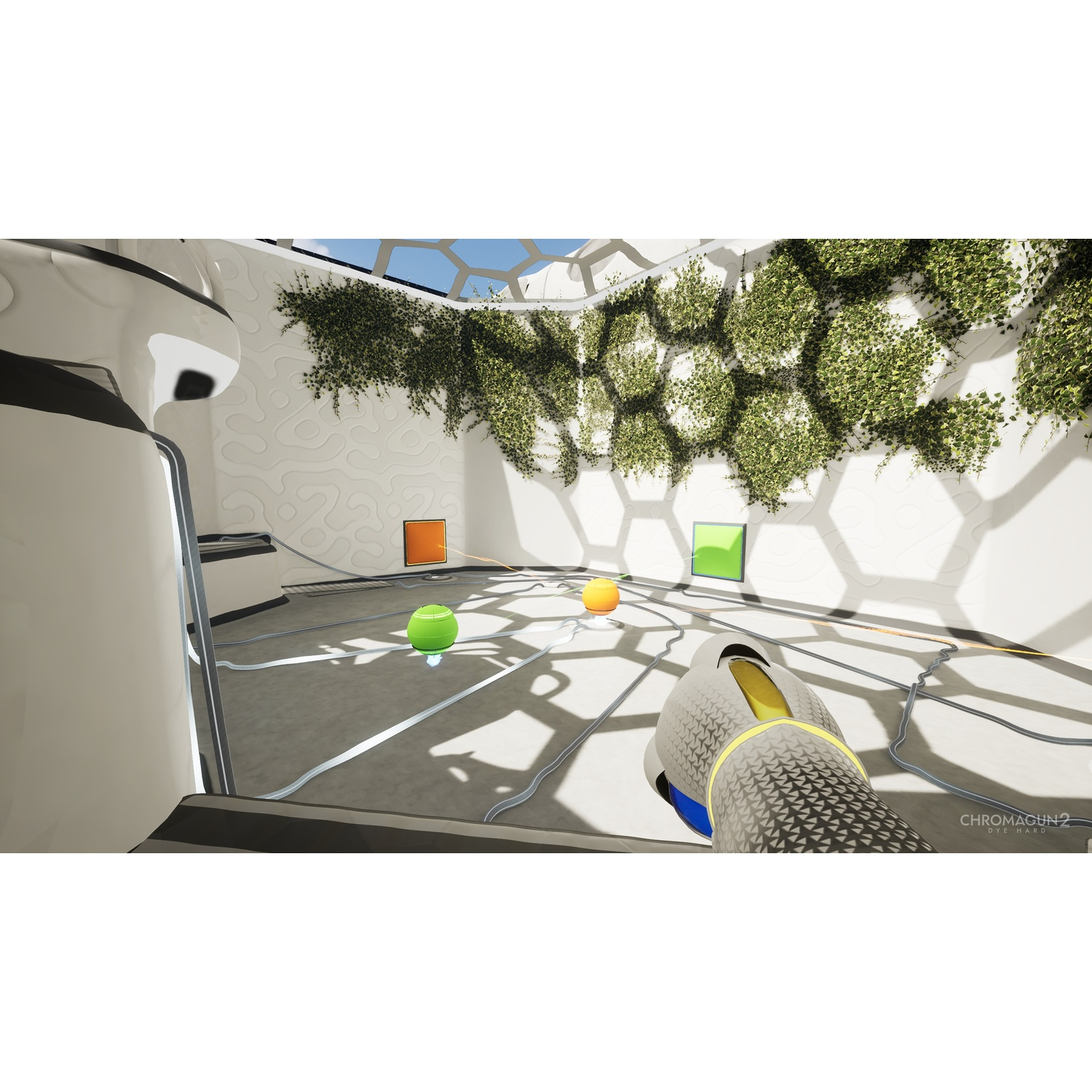 Een futuristische kamer met gekleurde blokken, ballen en een apparaat. Groene wijnstokken groeien op de muur. Het apparaat wijst naar de ballen.