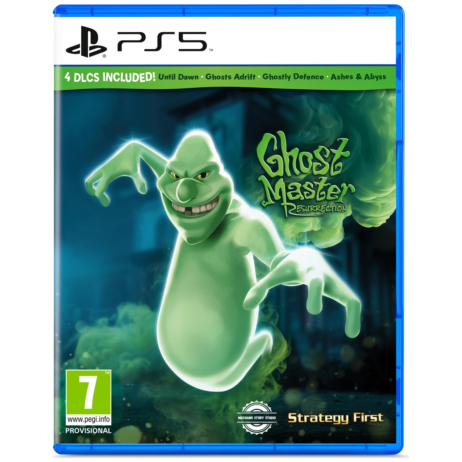PS5 gamecase met een groene spookfiguur. Titel is Ghost Master. Inclusief 4 DLC's. Rating is 7. Strategy First logo onderaan.