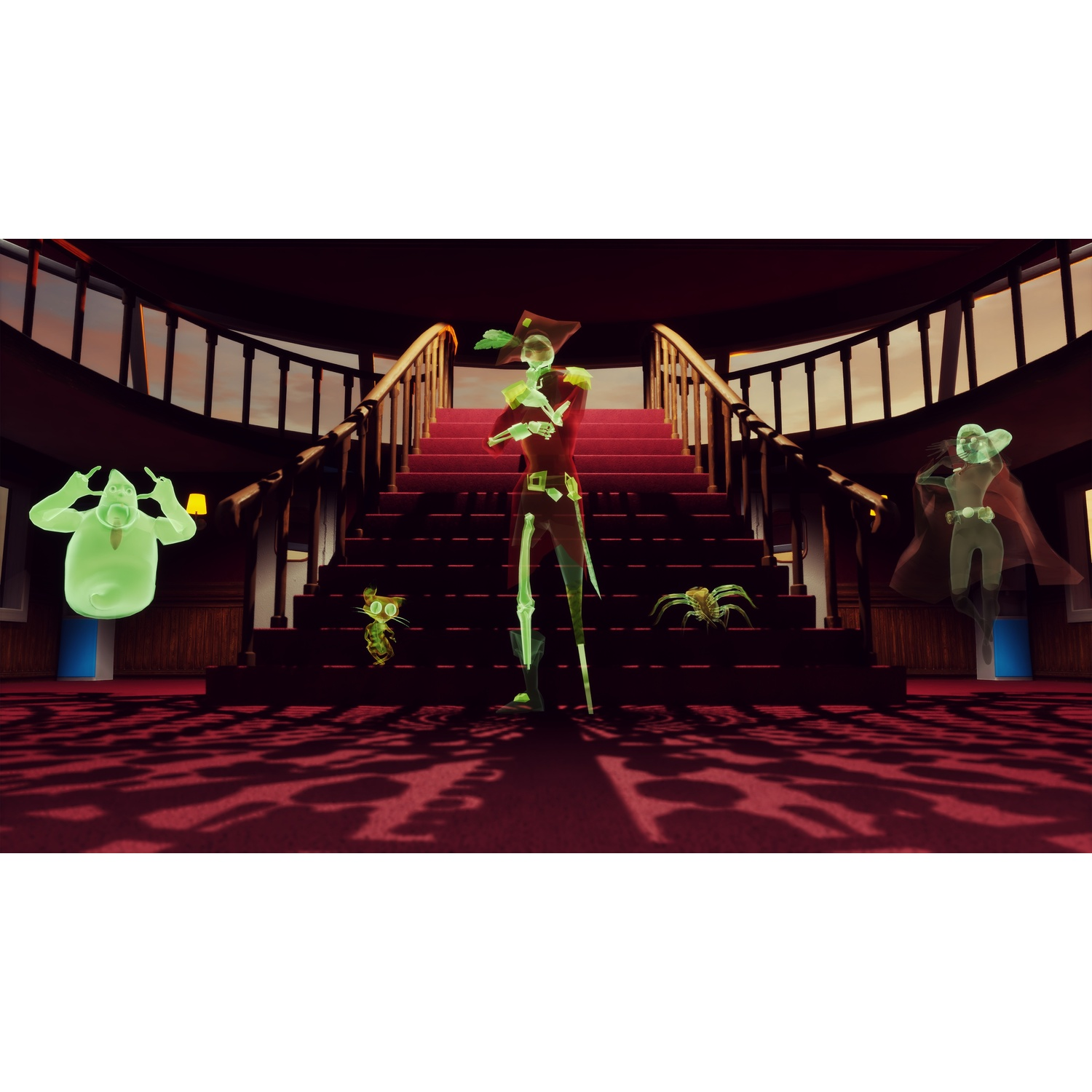 Une scène effrayante avec des fantômes brillants et un pirate squelette sur un grand escalier avec tapis rouge, ombres et coucher de soleil.