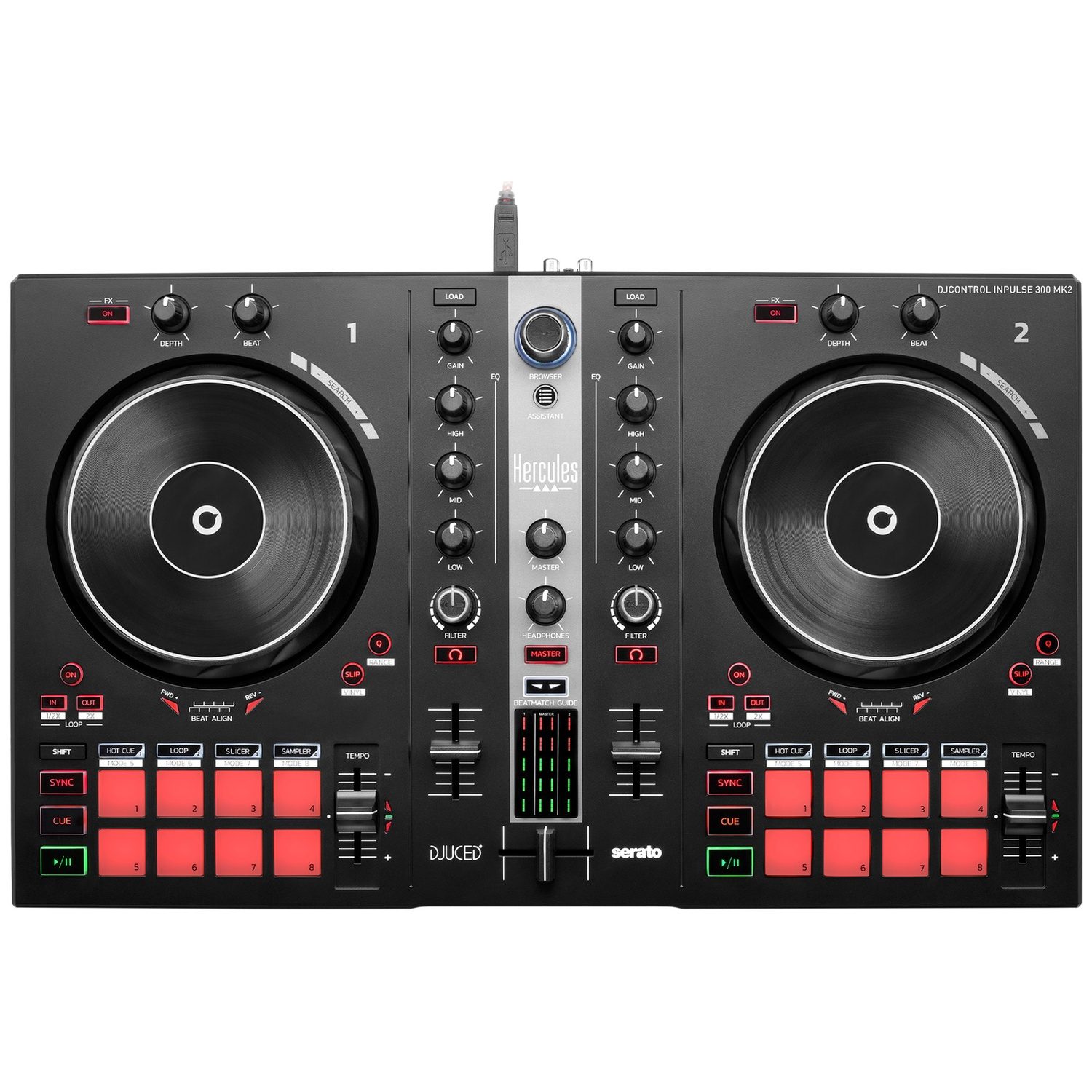 A black DJ controller with two turntables, buttons, and knobs. It has a Hercules logo and Serato branding.