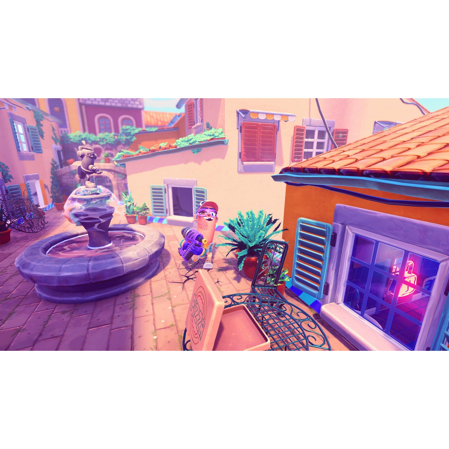 A stylized street scene features a fountain, buildings with shutters, and a cartoon character holding a purple object.