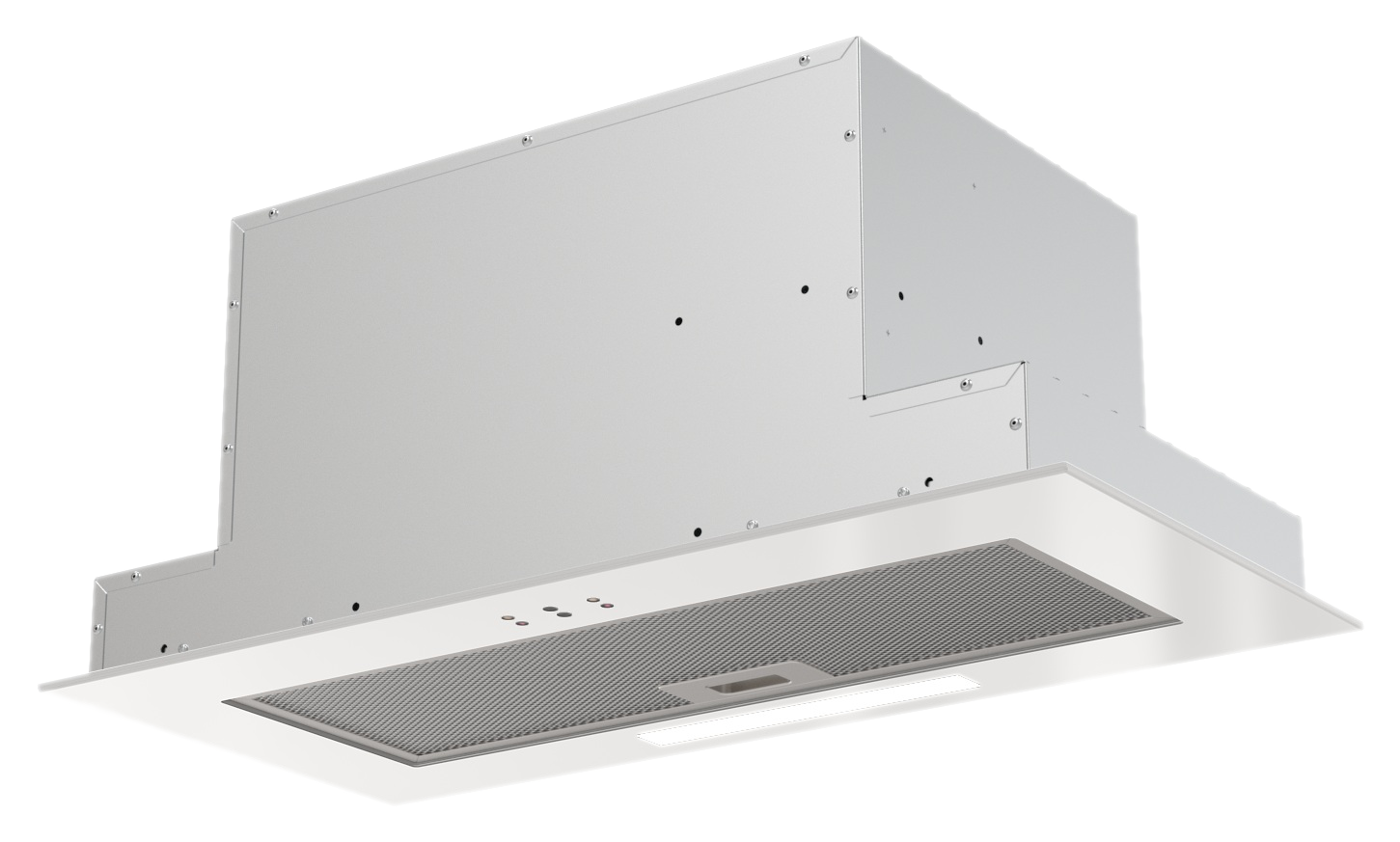 Biały okap o prostokątnym kształcie. Posiada metalowy filtr siatkowy i pasek świetlny na dole.