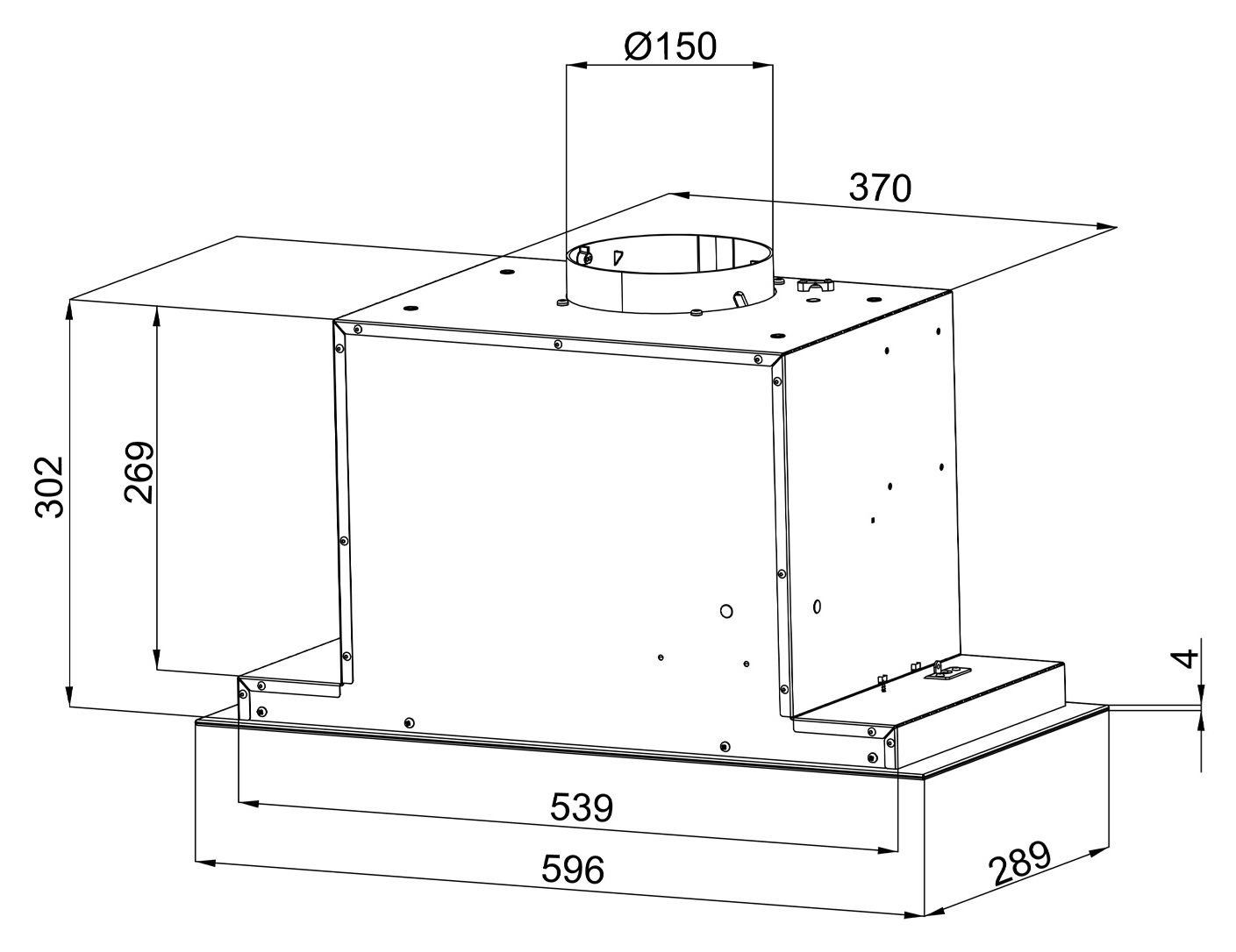 Schemat okapu kuchennego. Wymiary oznaczone: 302x269, 596x539, 289, 4, 370 i Ø150. Prostokątne pudełko z kominem.