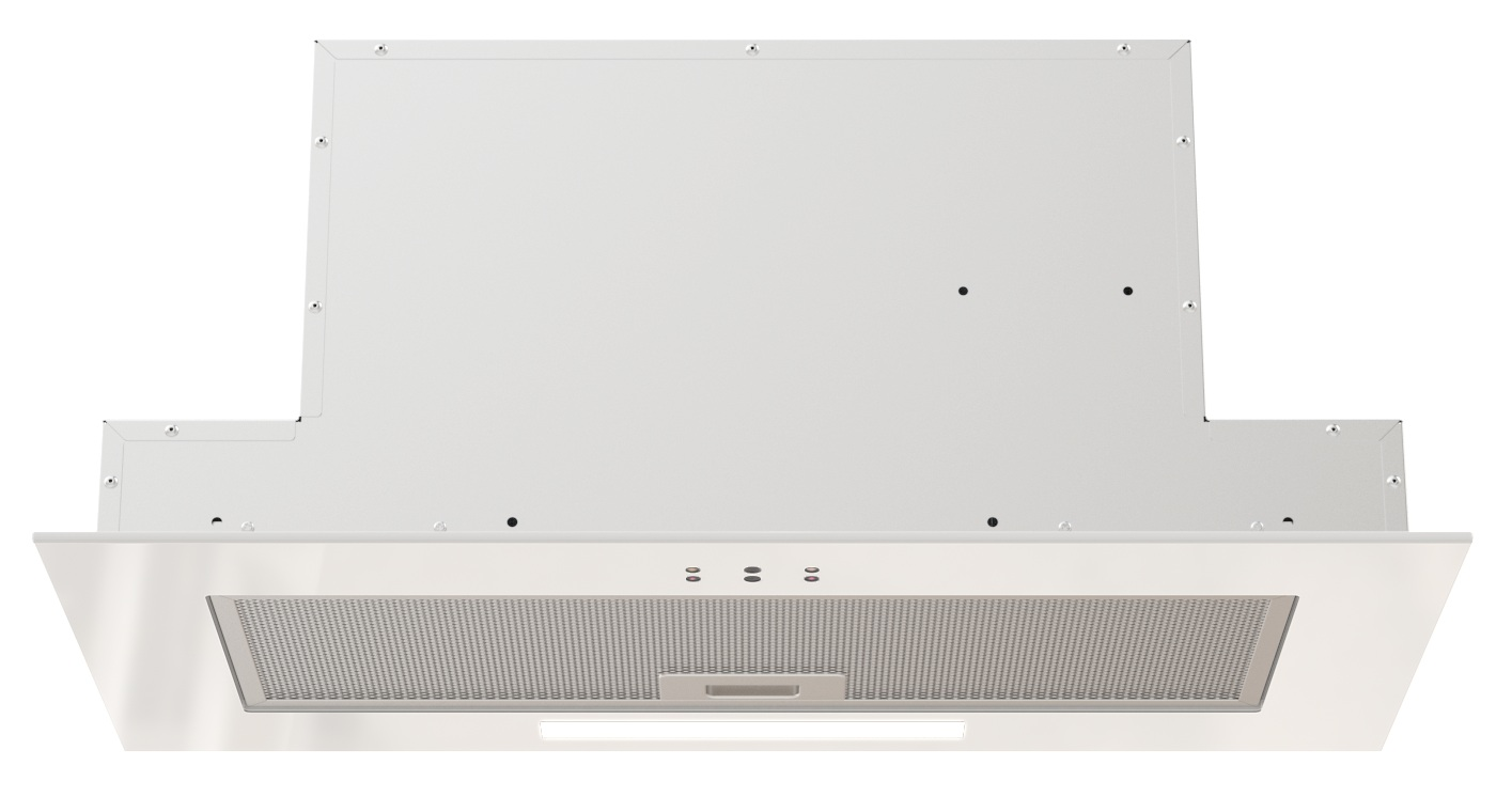 Biały okap kuchenny o prostokątnym kształcie, z filtrem siatkowym i paskiem świetlnym na dole. Tło jest białe.