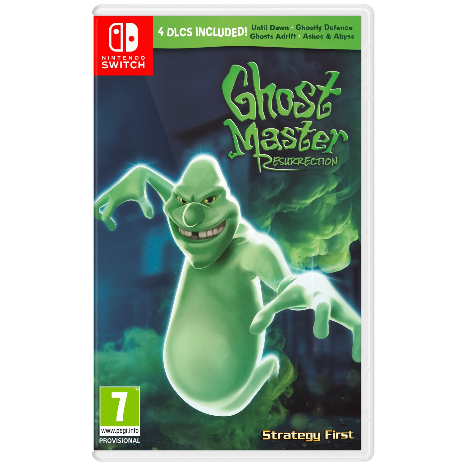 Nintendo Switch gamebox. Groene geest met grote glimlach. Titel luidt 'Ghost Master: Resurrection'. Inclusief 4 DLC's.