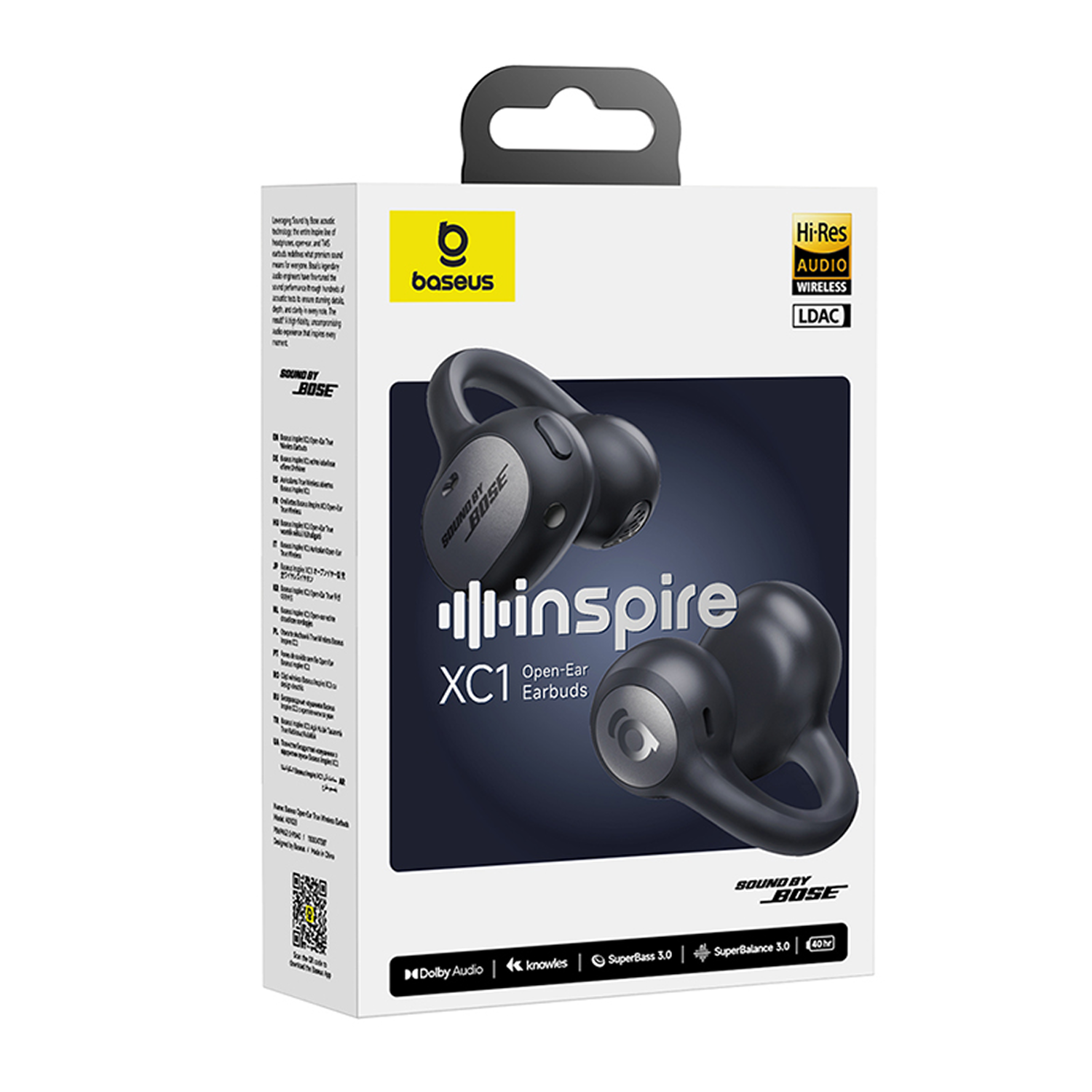Auriculares de oído abierto Baseus Inspire XC1 en caja. La caja muestra los auriculares, la marca y características como Hi-Res Audio y Dolby Audio.