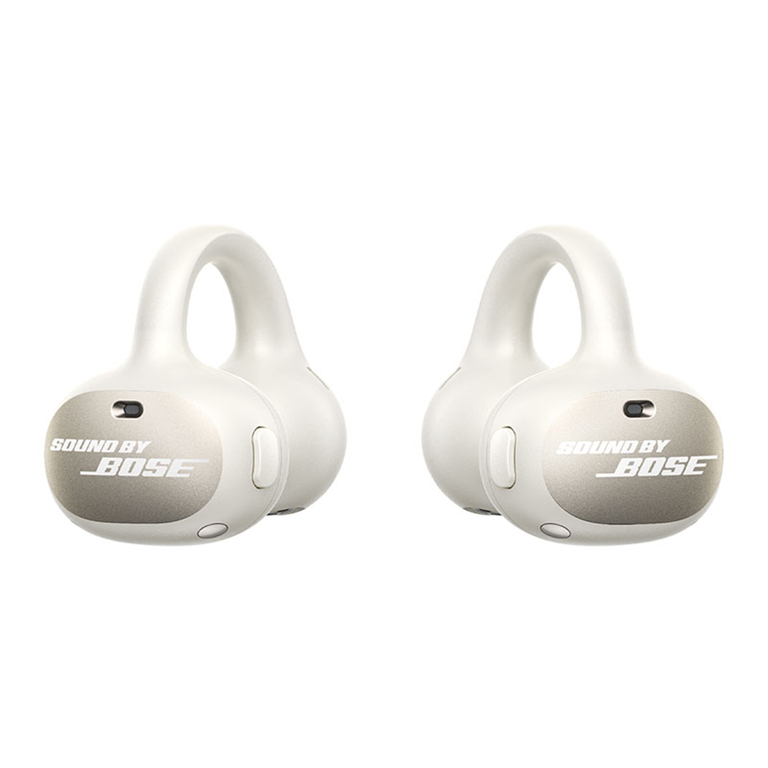 Dos auriculares Bose blancos con ganchos curvos para la oreja. Cada auricular tiene el logotipo de Bose y un pequeño botón. El fondo es blanco.