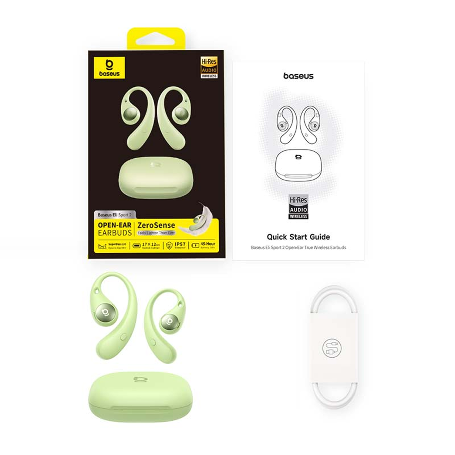 Auriculares Baseus Eli Sport 2 con estuche de carga y guía de inicio rápido. Incluye un cable USB blanco. Los auriculares son verdes.