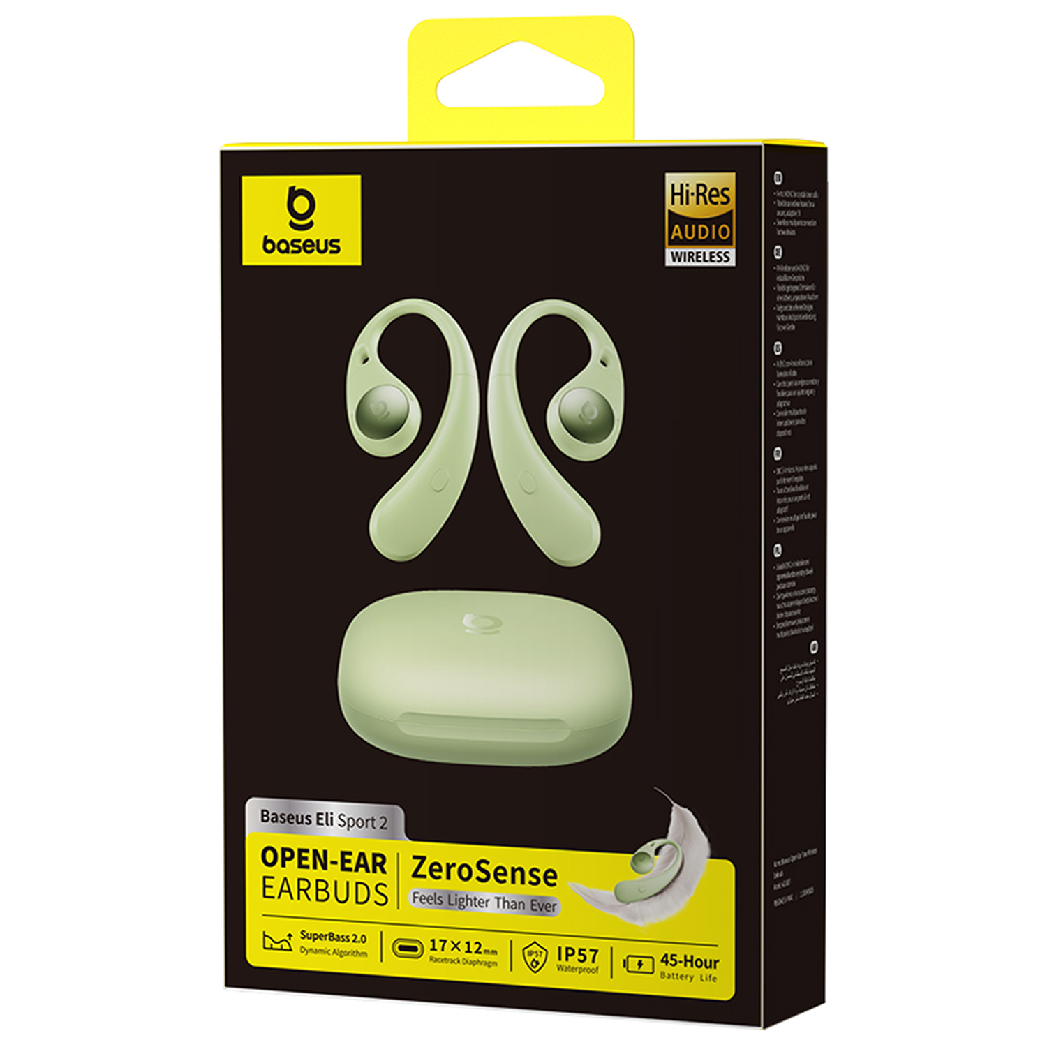 Caja de auriculares verdes Baseus Eli Sport 2 con estuche de carga. Características: Hi-Res Audio, IP57 a prueba de agua y 45 horas de batería.