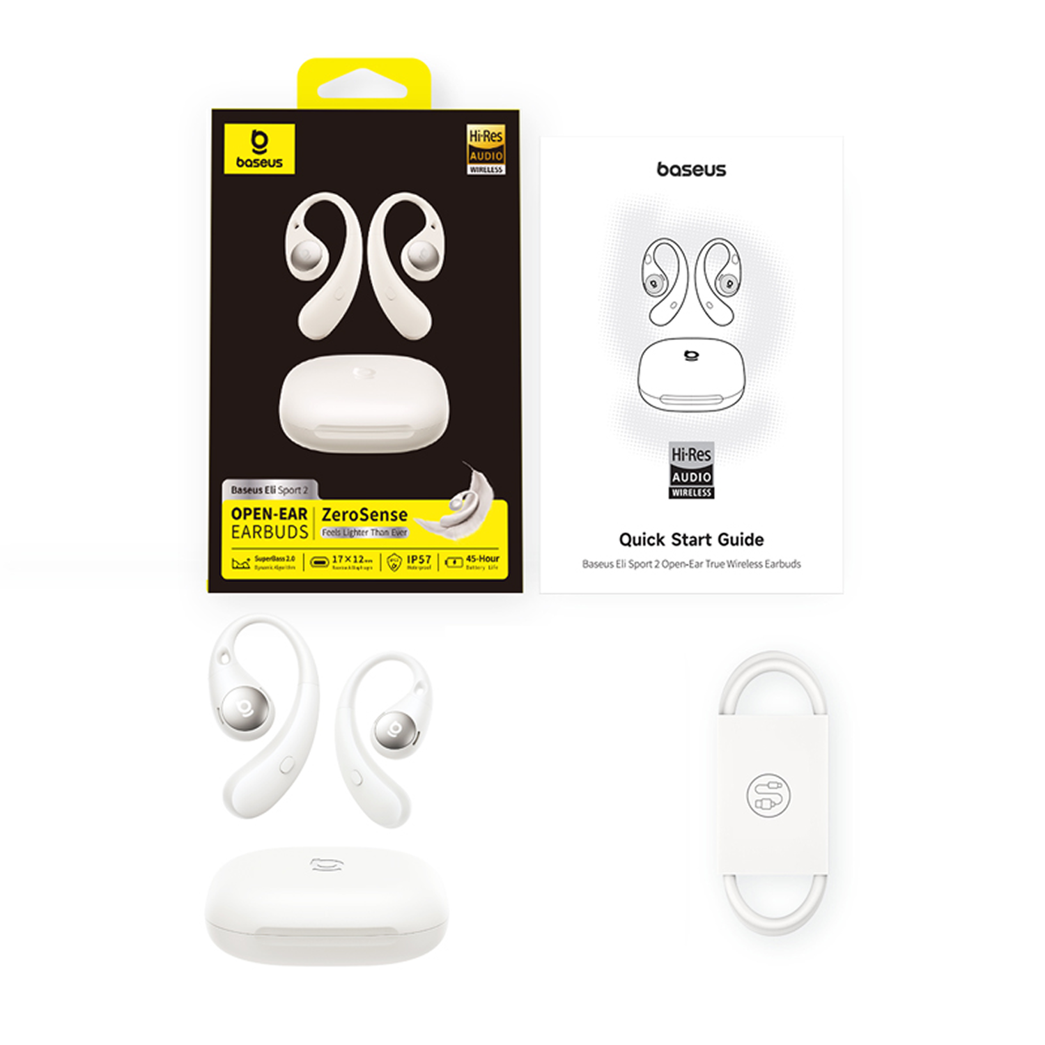 La imagen muestra auriculares Baseus Eli Sport 2, estuche y embalaje. Incluye una guía de inicio rápido y un cable de carga. Todos los elementos son blancos.