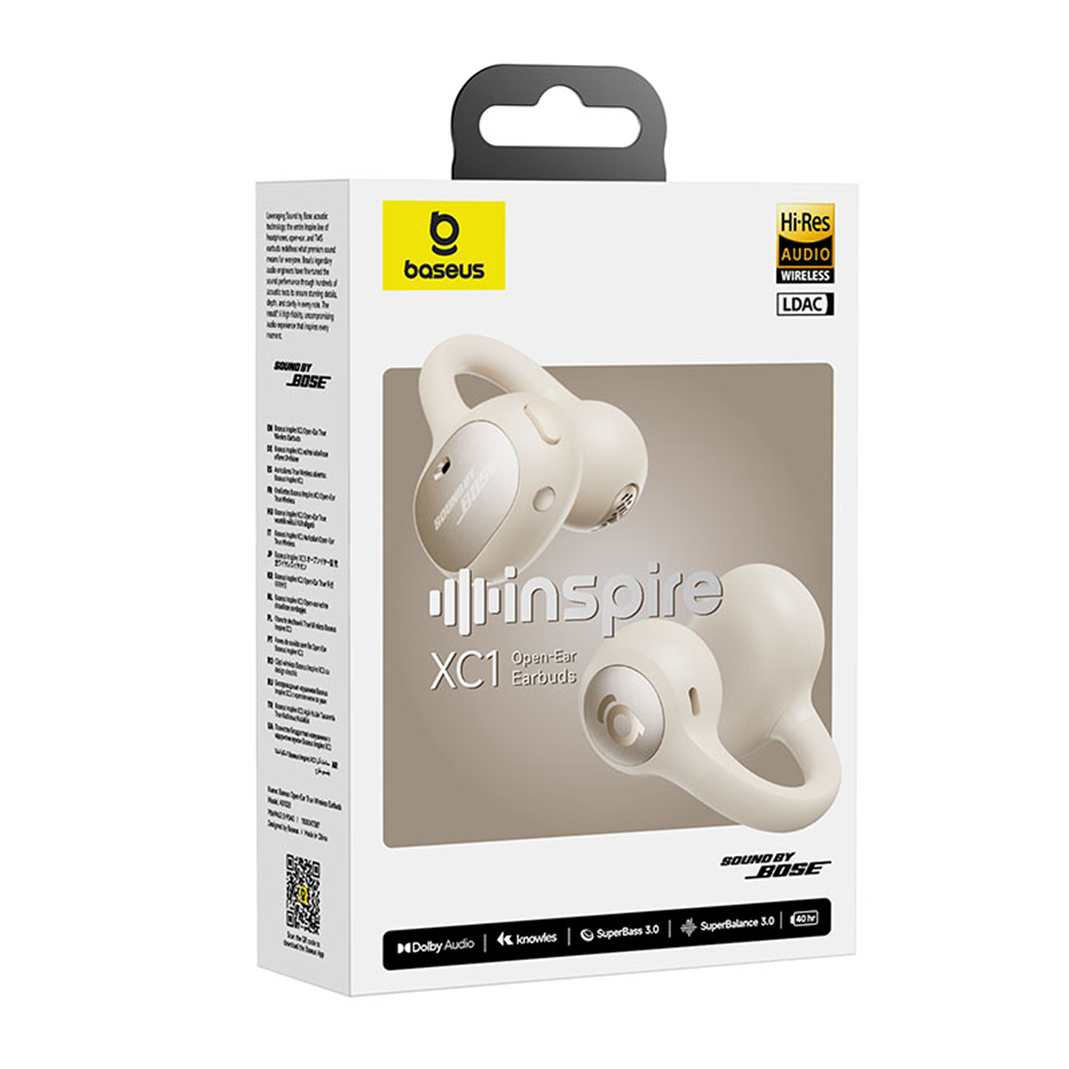 Caja de auriculares Baseus XC1. Caja blanca con imagen de auriculares. El texto incluye 'inspire', 'Hi-Res Audio Wireless' y 'Sound by Bose'.