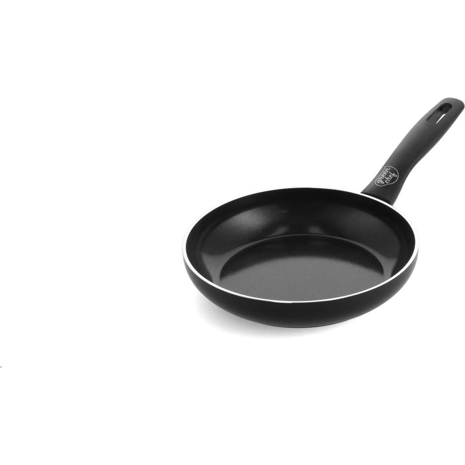 A black frying pan with a handle. It has a white rim and the words 'green chef'. The background is white.