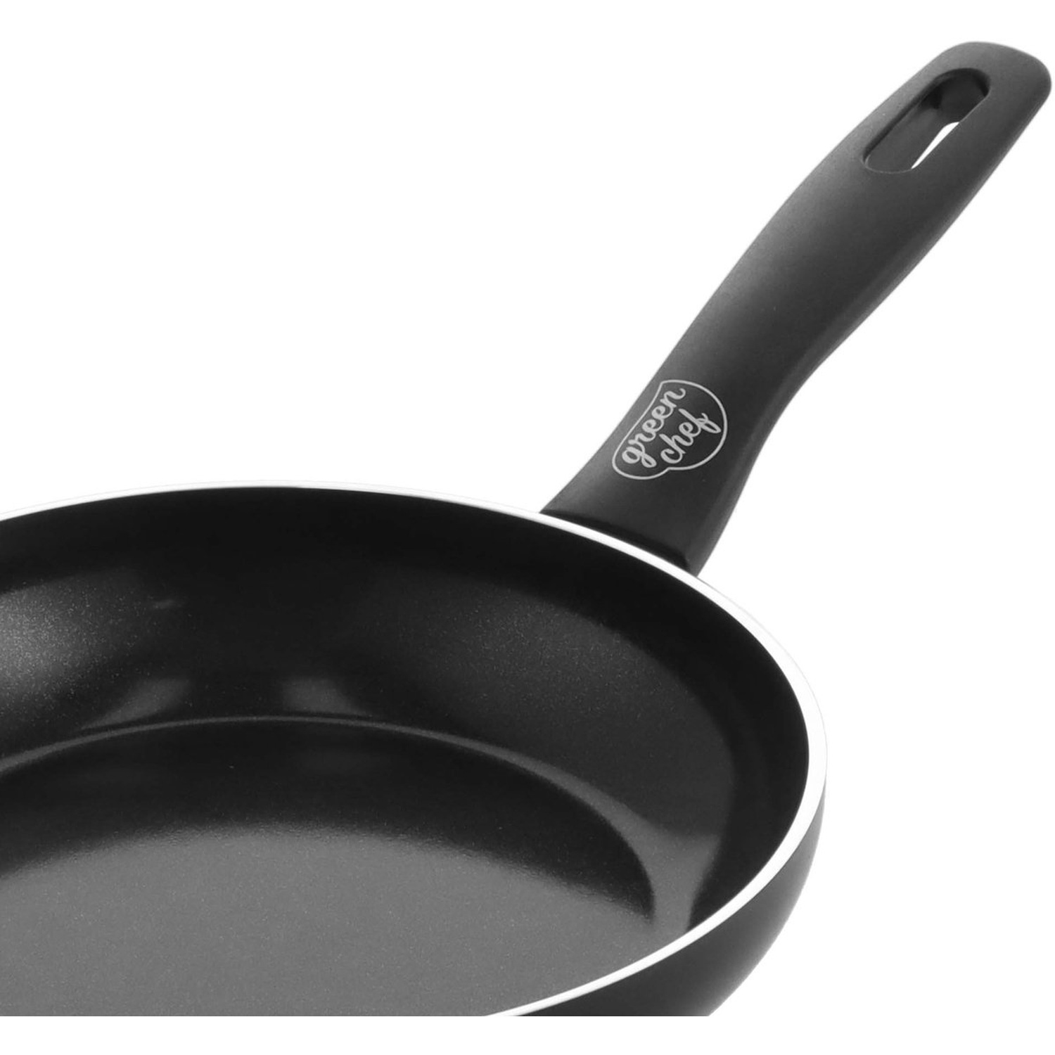 A black frying pan with a black handle. The handle has a hole and the brand name 'green chef' is visible.
