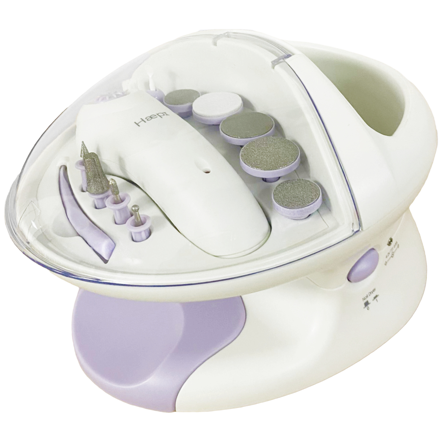 Een wit en lavendelkleurig nagelverzorgingsapparaat. Het heeft een transparante hoes, diverse opzetstukken en een 'Nageldroger'-knop.