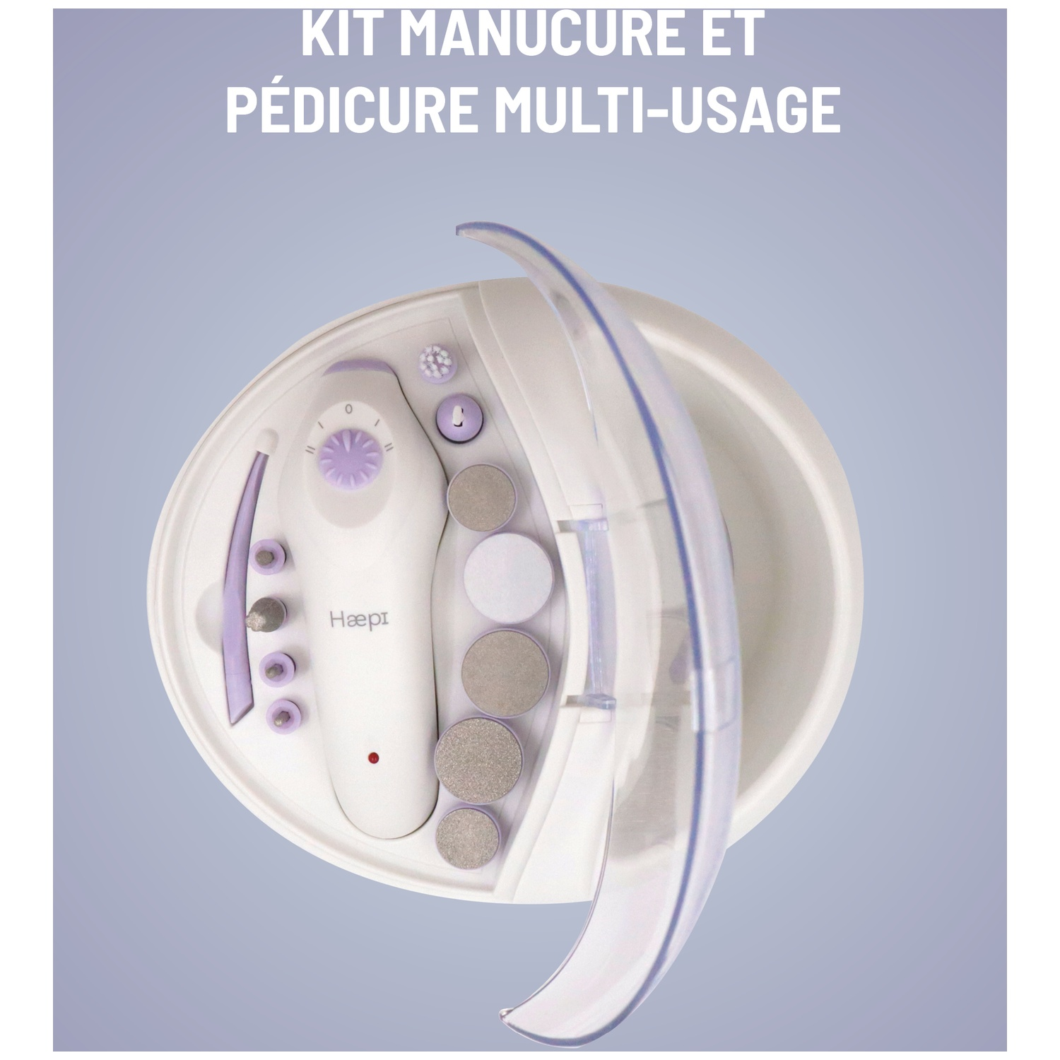 Kit de manucure et pédicure ouvert. Étui blanc avec outils, une lime à ongles et une poignée. Couvercle en plastique transparent. Texte : Kit Manucure et Pédicure Multi-Usage.