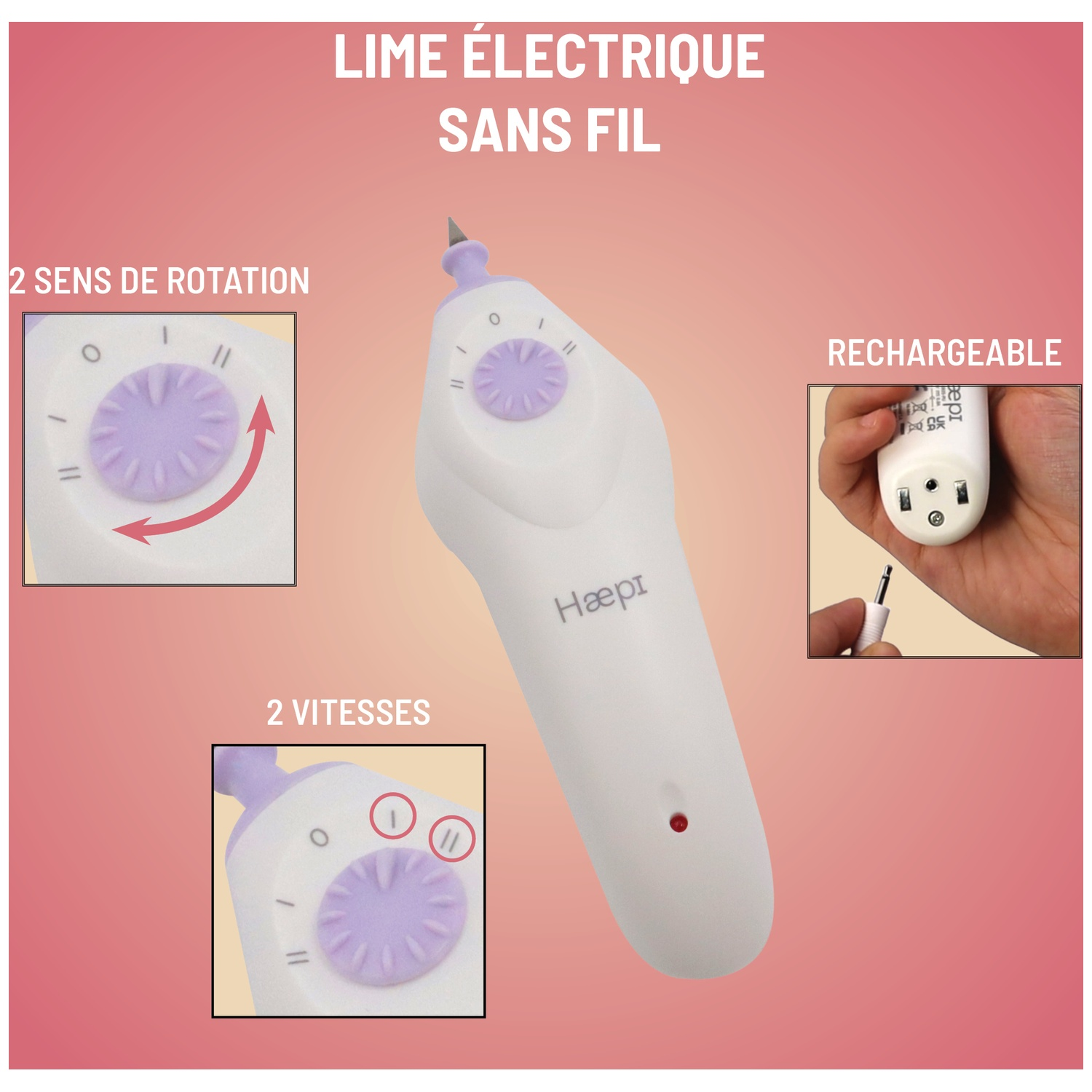 Lime à ongles électrique, blanche, avec des accents violets. Comprend 2 sens de rotation, 2 vitesses, et est rechargeable.