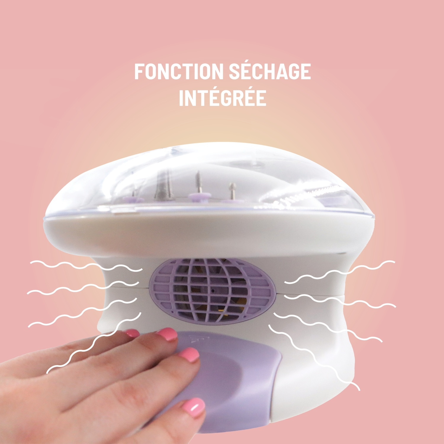 Een hand met roze nagels wordt in de buurt van een nageldroger met een paarse ventilator geplaatst. Tekst zegt: geïntegreerde droogfunctie.