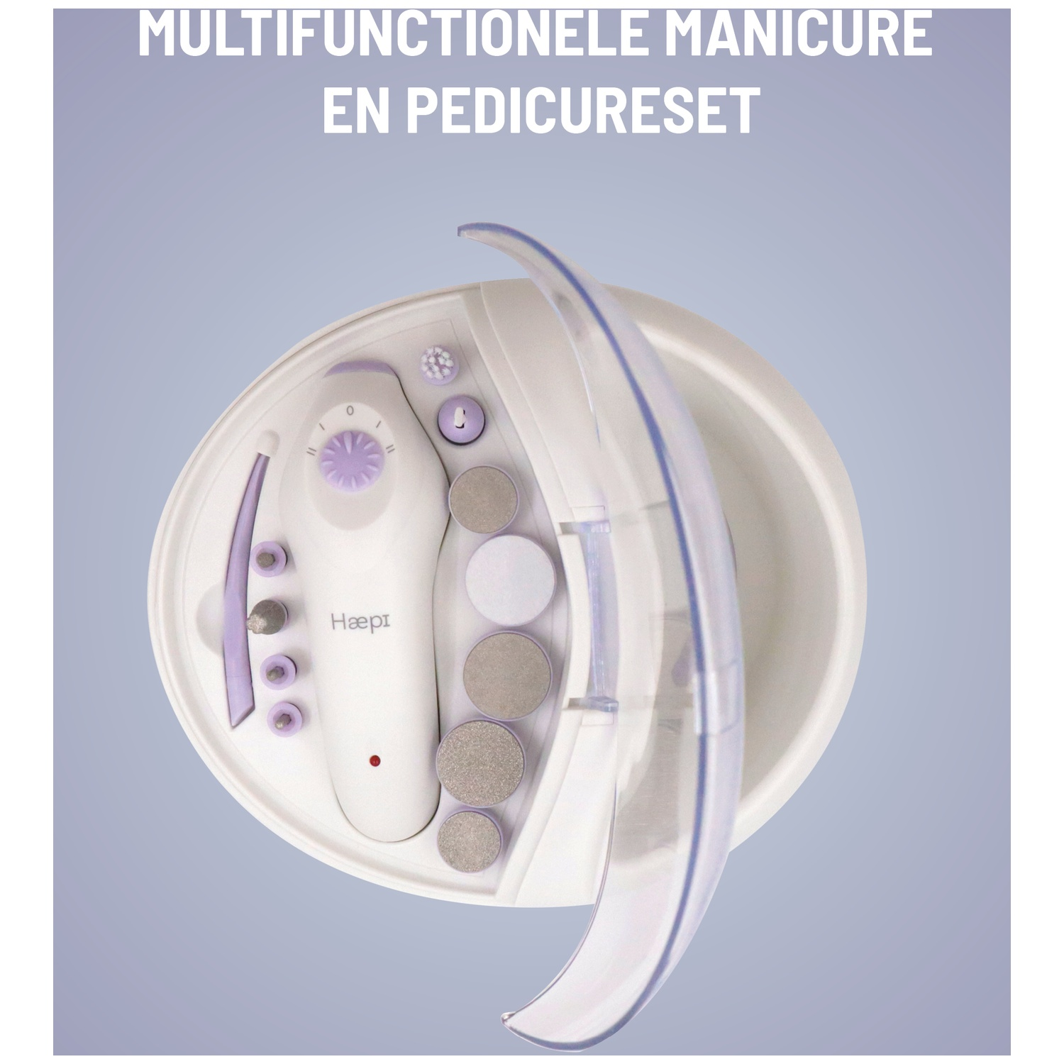 Open manicure- en pedicureset. Witte etui met accessoires, waaronder een wit apparaat, slijpkoppen en een transparant deksel.
