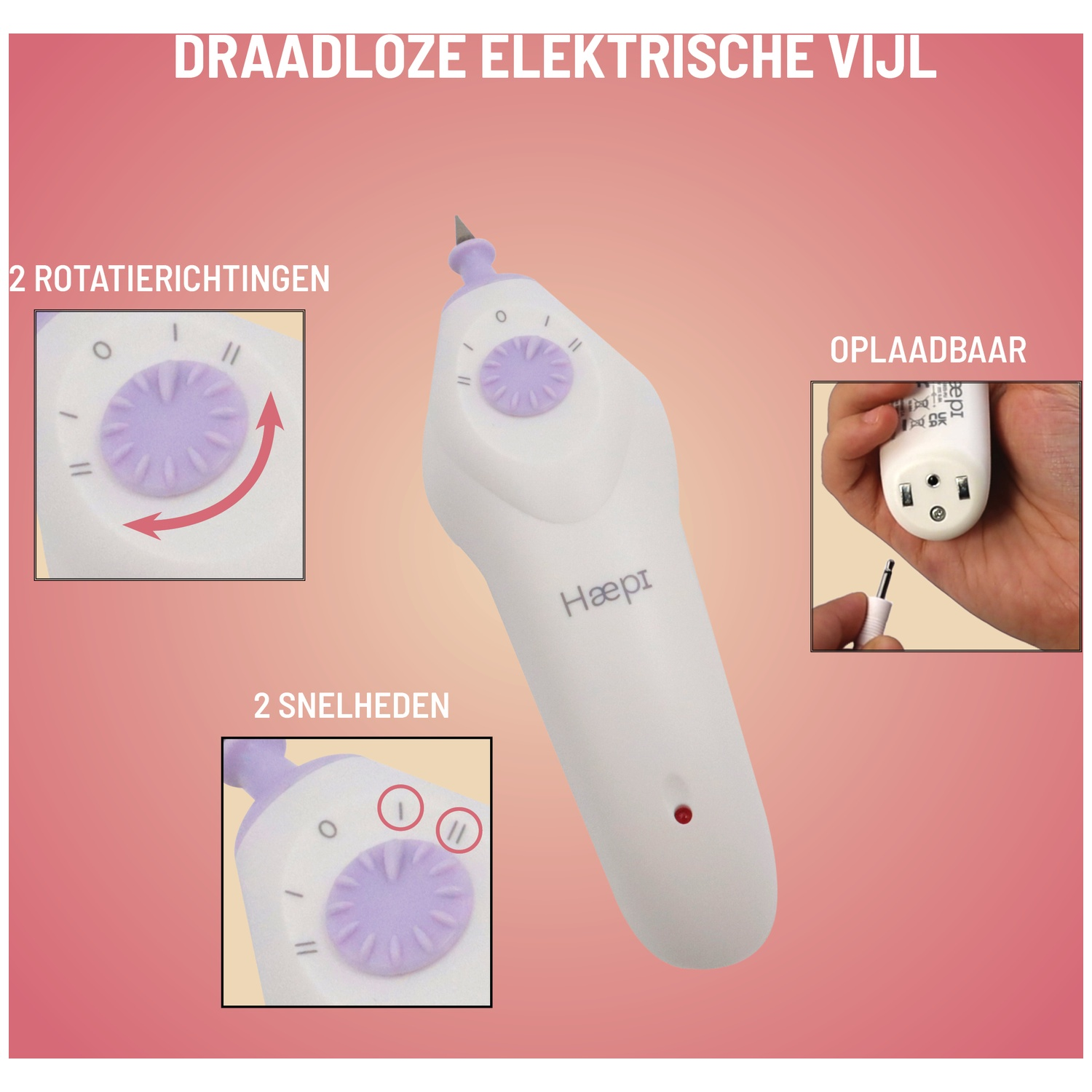 Witte elektrische nagelvijl met paarse accenten. Inclusief details over rotatie, snelheid en opladen. Een hand houdt de oplader vast.