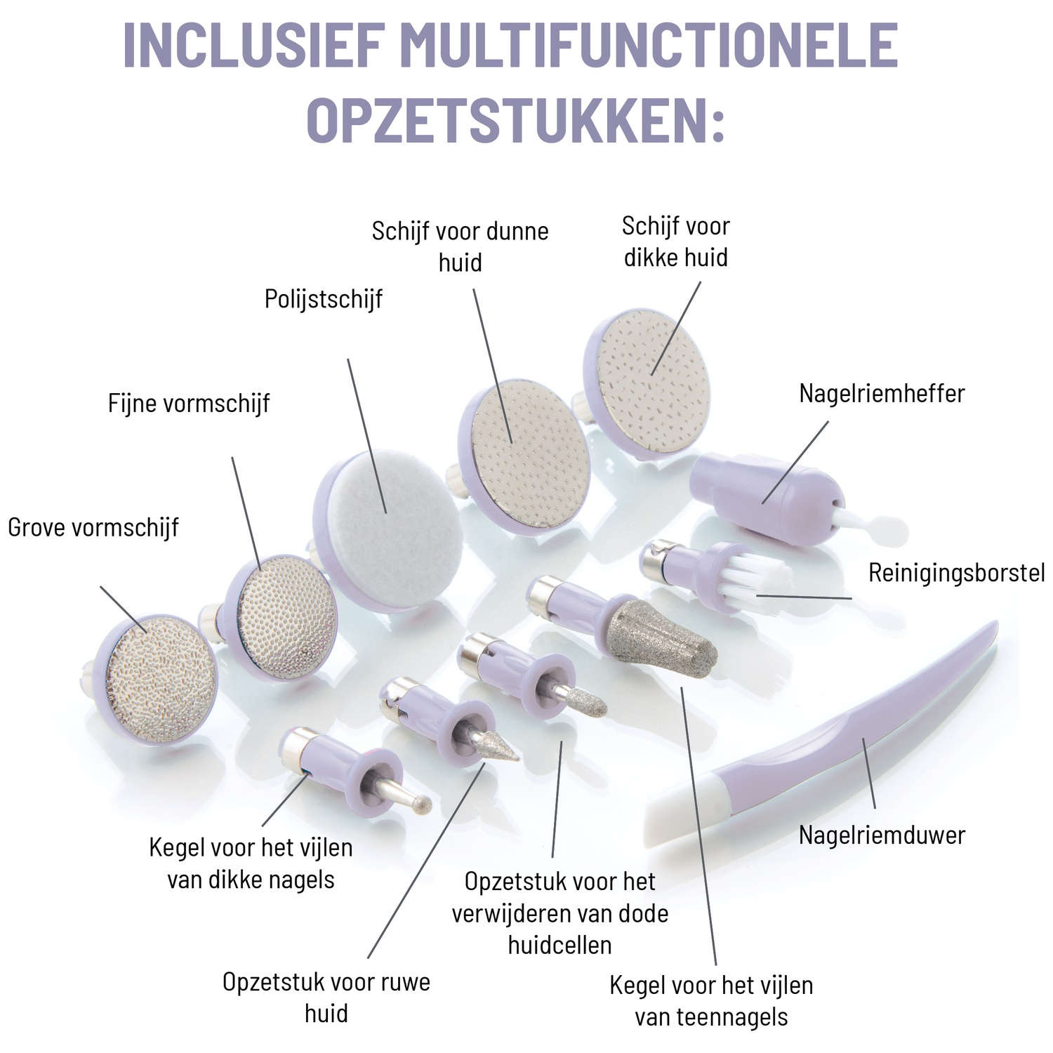 Afbeelding toont diverse nagelverzorgingstools zoals buffers, vijlen en cuticle pushers. Labels zijn in het Nederlands.