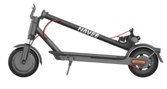 Czarno-szara hulajnoga elektryczna Navee. Hulajnoga ma czerwone kable, podpórkę i widoczne logo Navee.