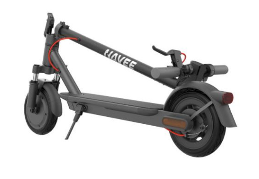 Szary skuter elektryczny Havee. Jest złożony, z czerwonymi kablami i odblaskami. Widoczne jest przednie koło i kierownica.