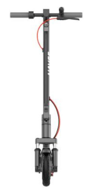 Czarna hulajnoga elektryczna, widok z przodu. Ma czerwony kabel, szare kierownice i czarną oponę. Tło jest białe.