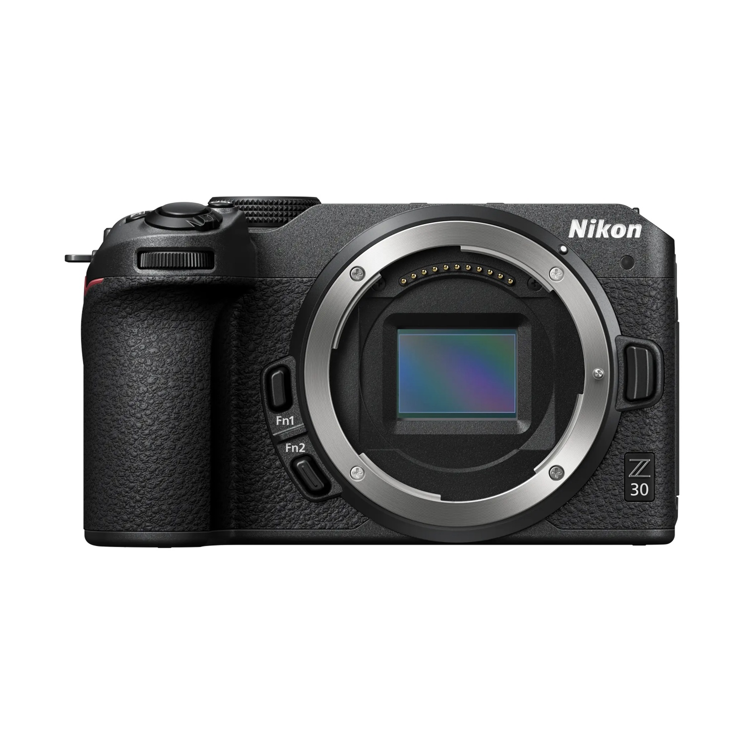 Viene mostrata una fotocamera mirrorless Nikon Z 30 nera. Ha un attacco per l'obiettivo e un'impugnatura strutturata. Il logo Nikon è visibile.