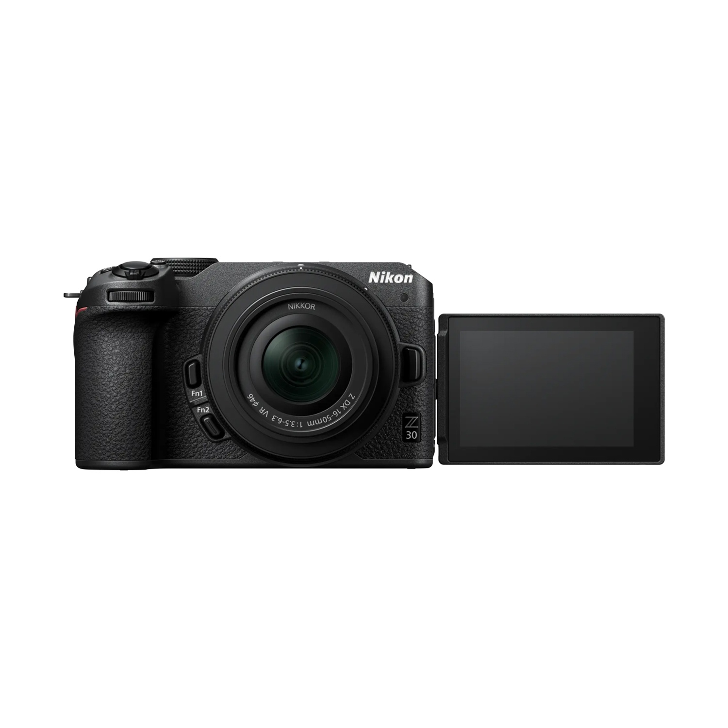 Una fotocamera Nikon Z 30 nera con obiettivo e schermo aperto su sfondo bianco. L'obiettivo è rivolto in avanti.